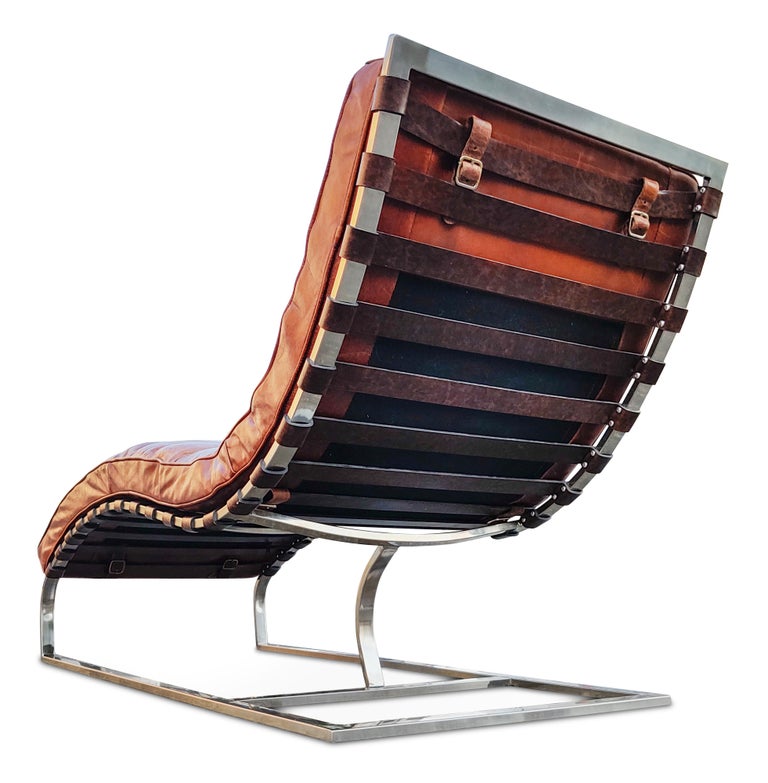 Restoration Hardware Oviedo Medium Brown Leather Chrome Frame Chaise