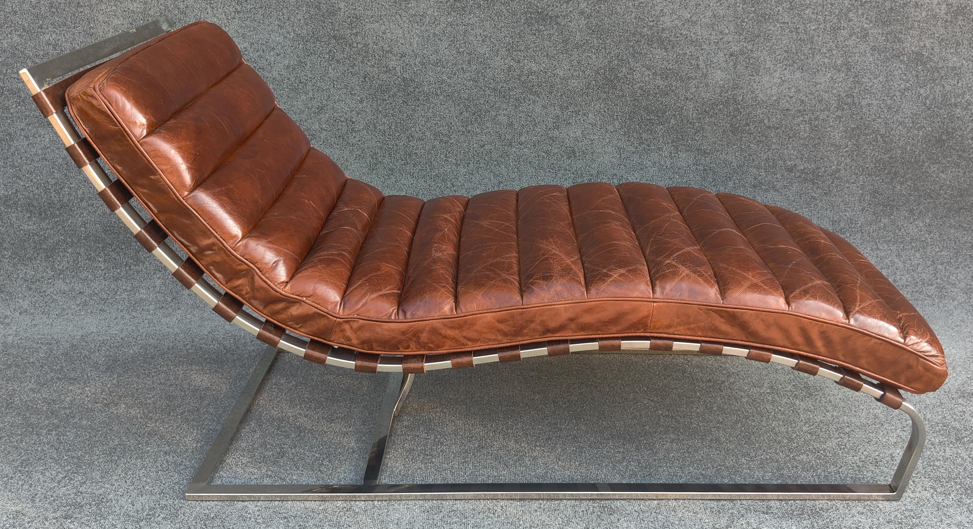 Mid-Century Modern Restoration Hardware Oviedo Medium Brown Leather Chrome Frame Chaise Lounge 