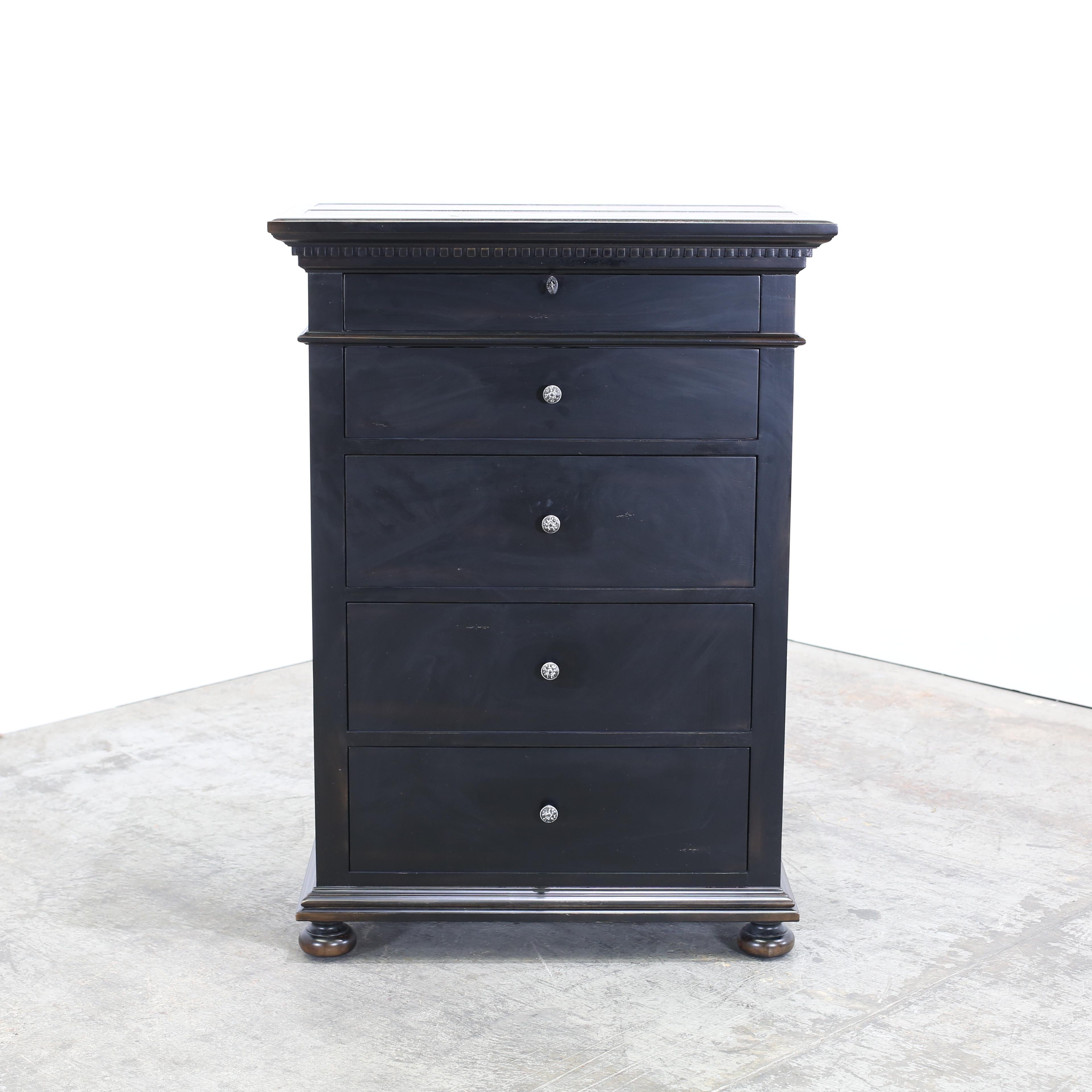 Introducing the St. James Five Narrow Drawer Dresser by Restoration Hardware, a elegant addition to any bedroom. Crafted with meticulous attention to detail, this dresser features five drawers for all your storage needs, with dovetailed English