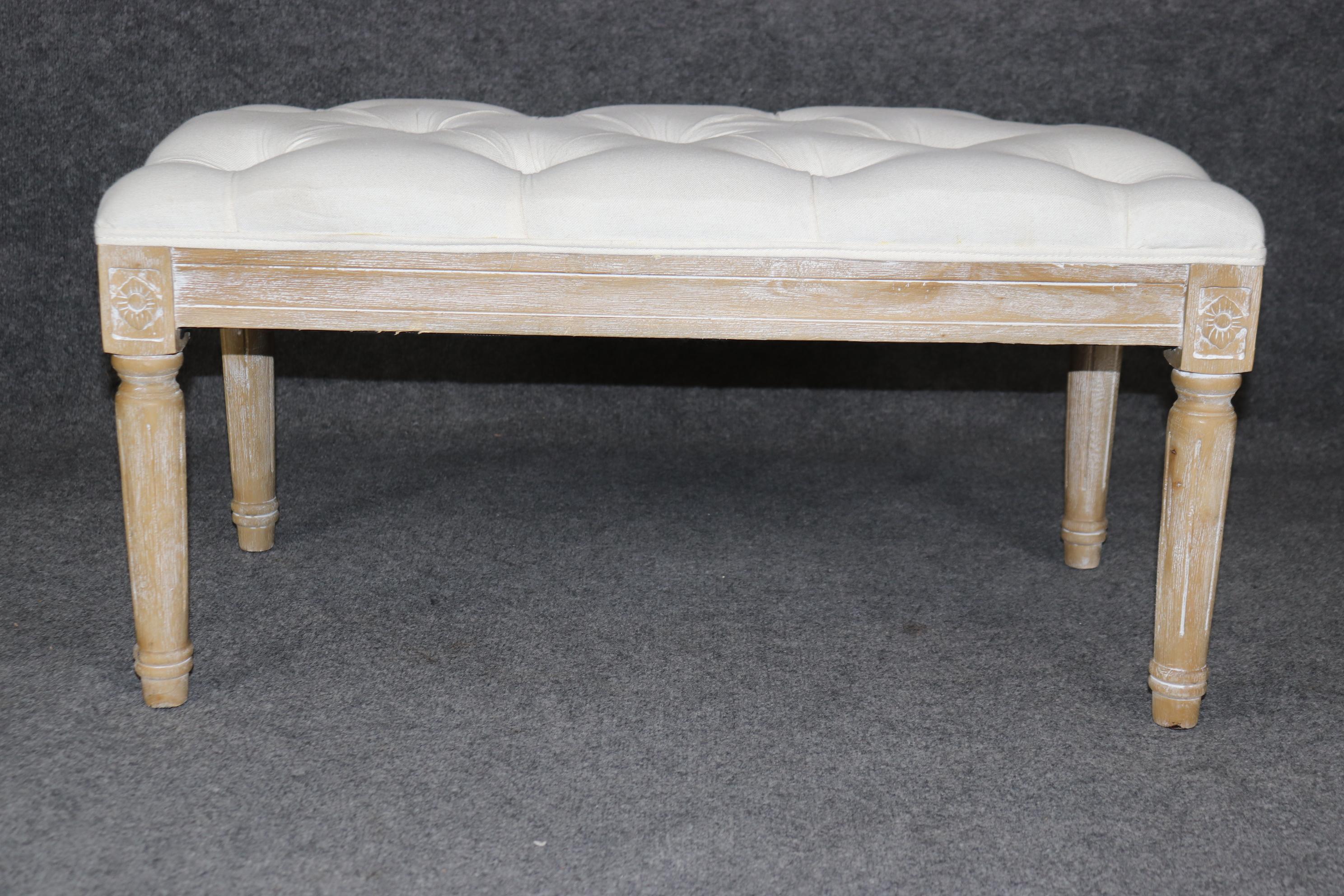 This is a recently made restoration hardware style bench. Clean and in good condition with minor signs of age and wear. Bleached beechwood frame. Measures 31.5 wide x 15.5 deep x 16.25 tall. 