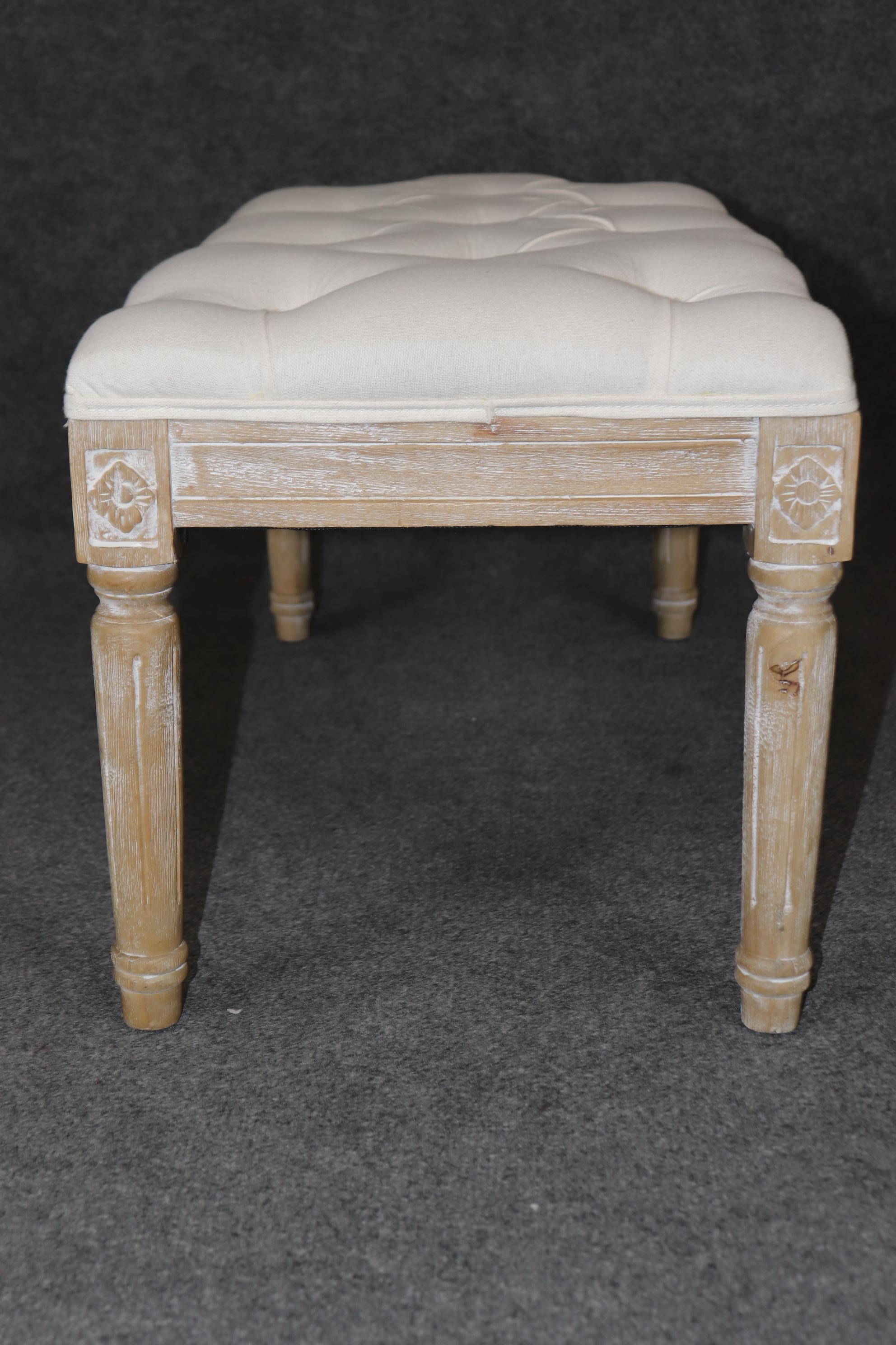 Chinese Restoration Hardware Style Bleached Tufted Upholstered Louis XVI Style Bench For Sale