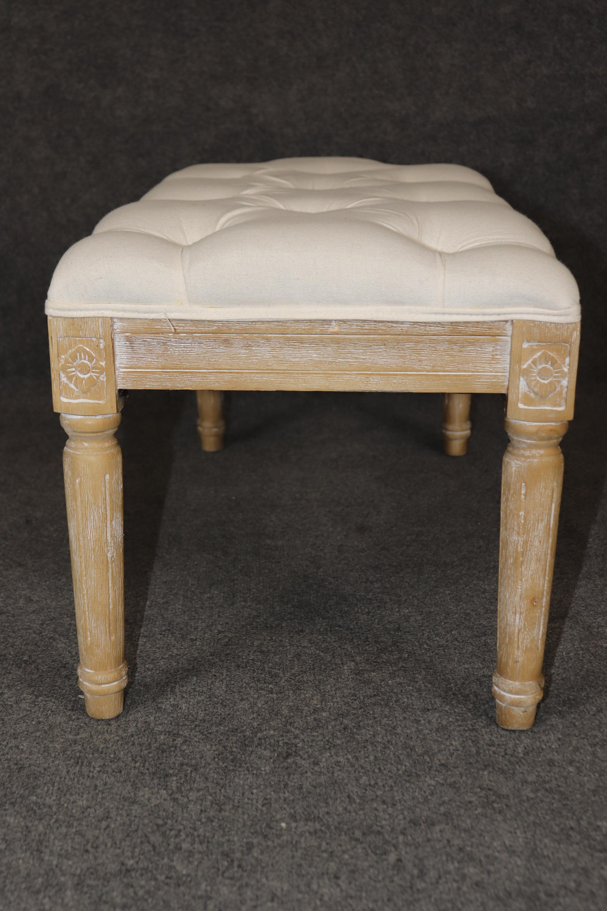Contemporary Restoration Hardware Style Bleached Tufted Upholstered Louis XVI Style Bench For Sale