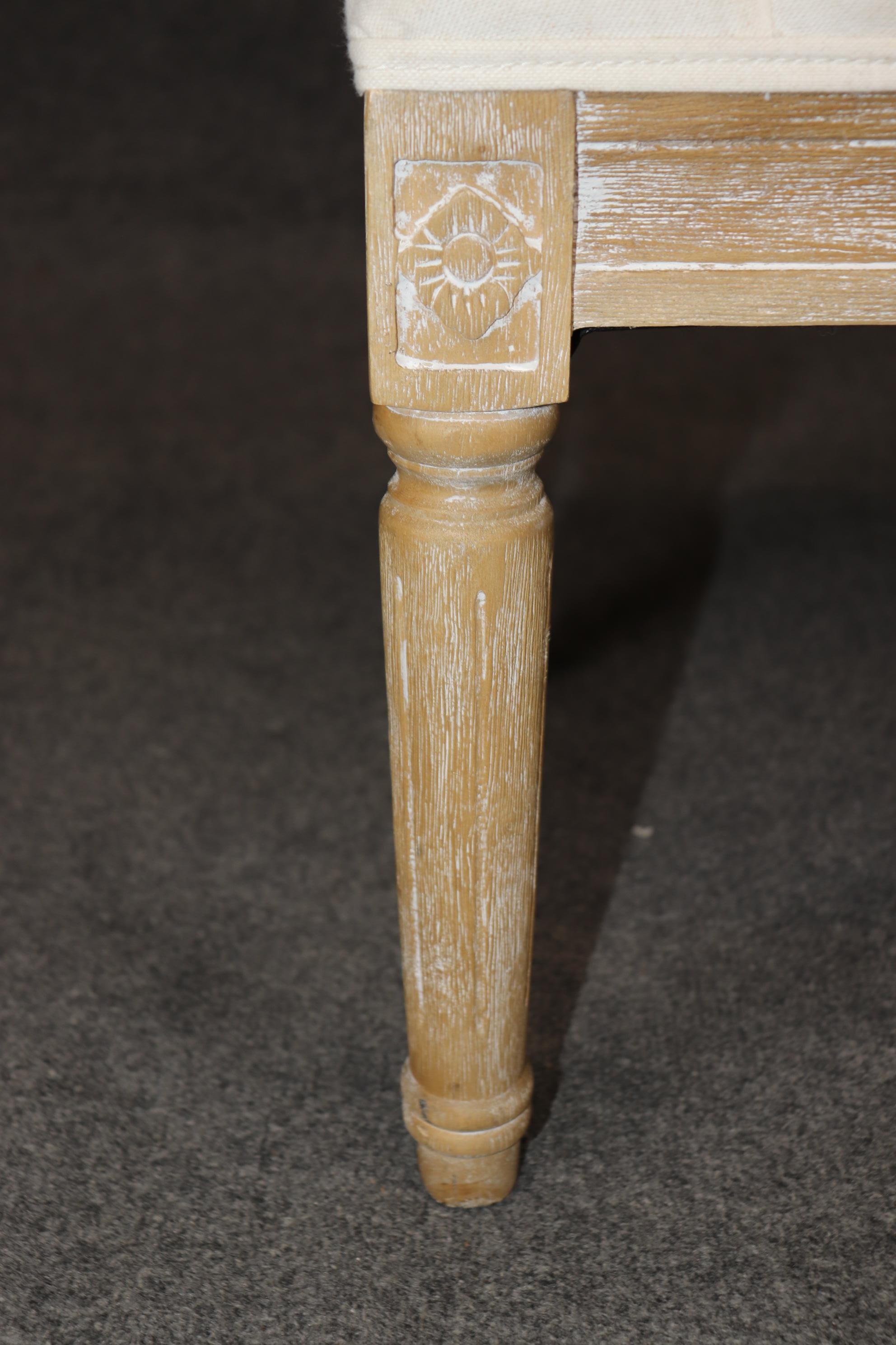 Restoration Hardware Style Bleached Tufted Upholstered Louis XVI Style Bench For Sale 1