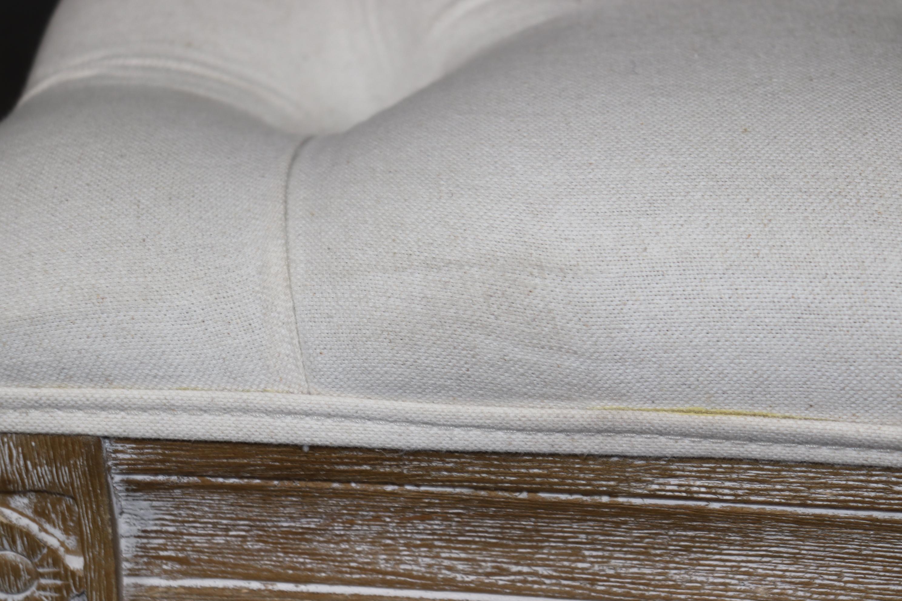 Restoration Hardware Style Bleached Tufted Upholstered Louis XVI Style Bench For Sale 2