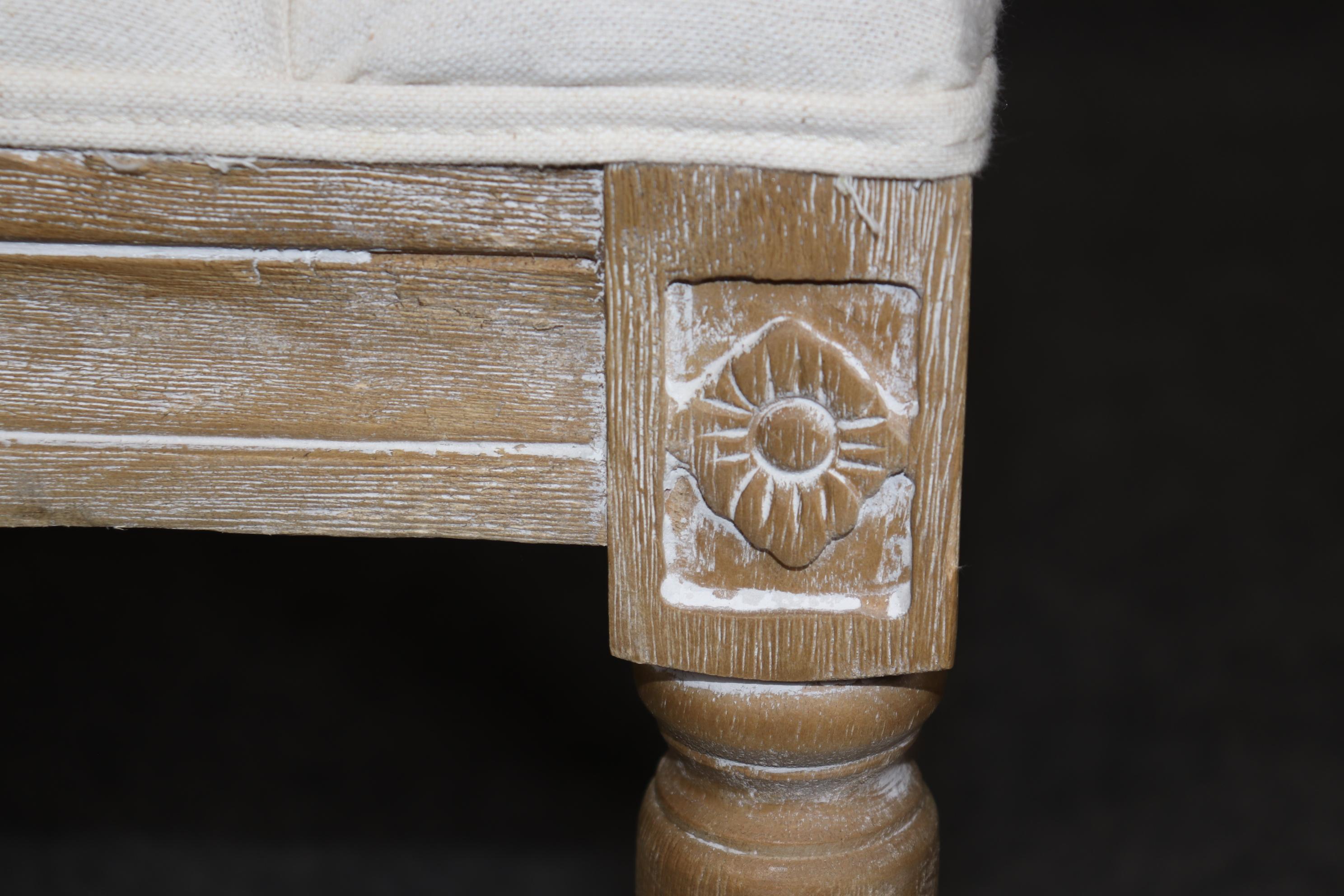 Restoration Hardware Style Bleached Tufted Upholstered Louis XVI Style Bench For Sale 3