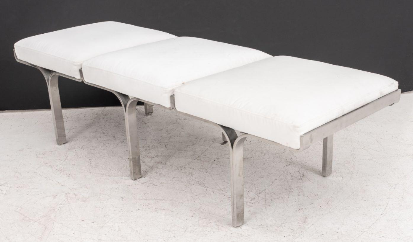 Mid-Century Modern style Restoration Hardware link bench, after John Behringer, upholstered in white velvet, raised on chrome metal tapered legs, label to underside. Measures: 17.5