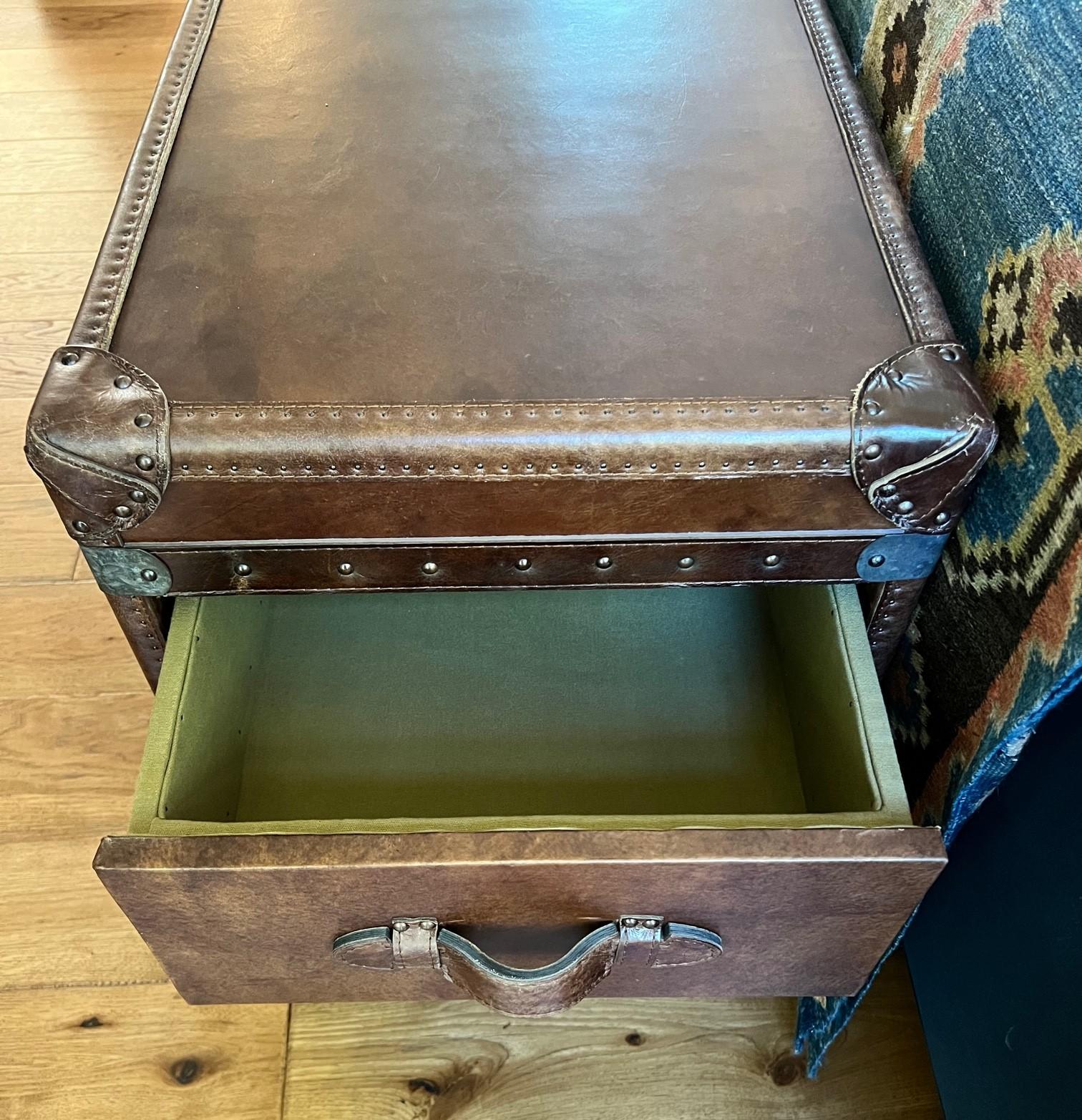 Restoration Hardware Vintage Leather Cigar Mayfair Steamer Media/Console Trunk  In Good Condition In Morristown, NJ