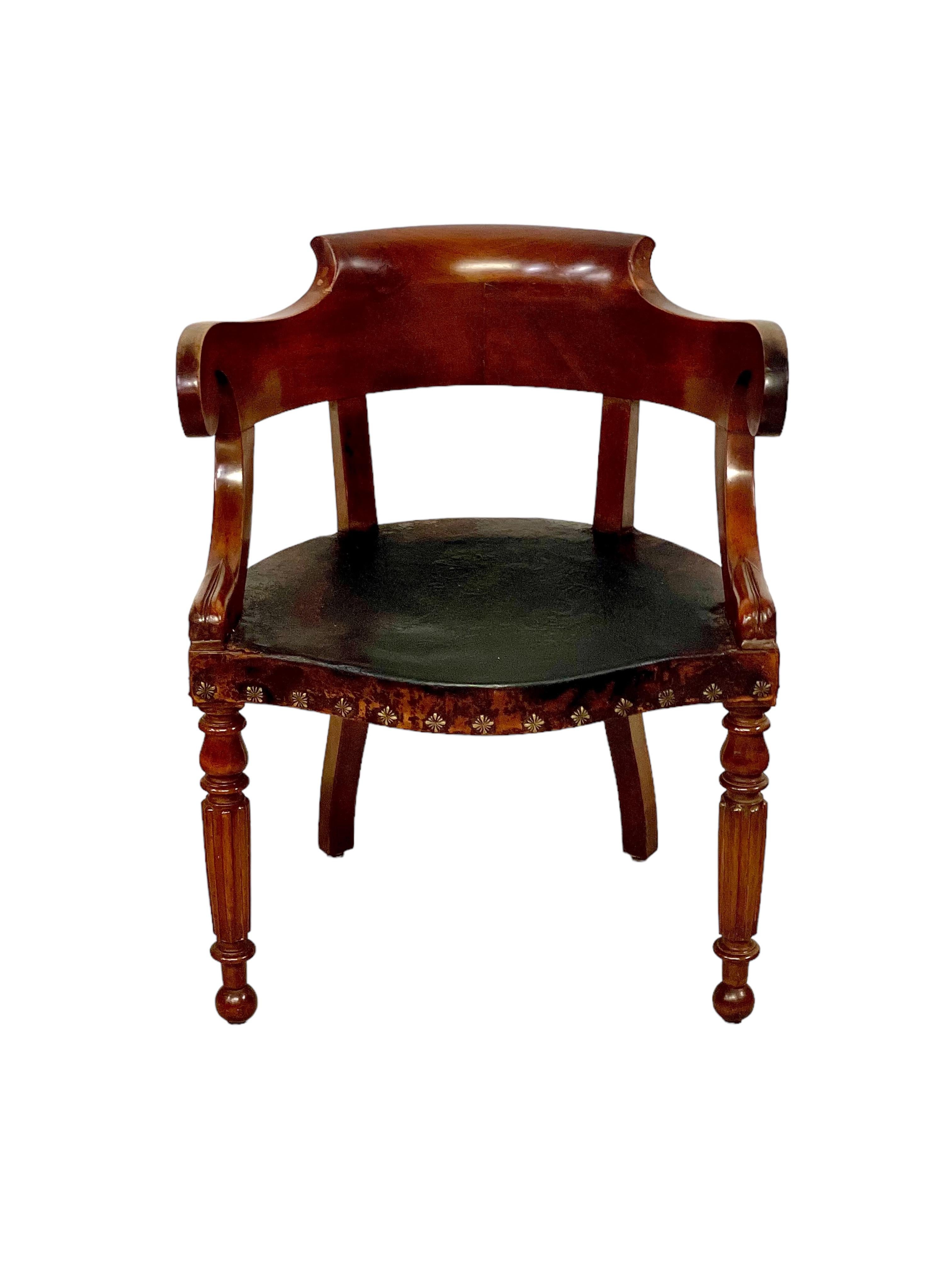 Restoration Period Engraved Leather Desk Chair For Sale 6