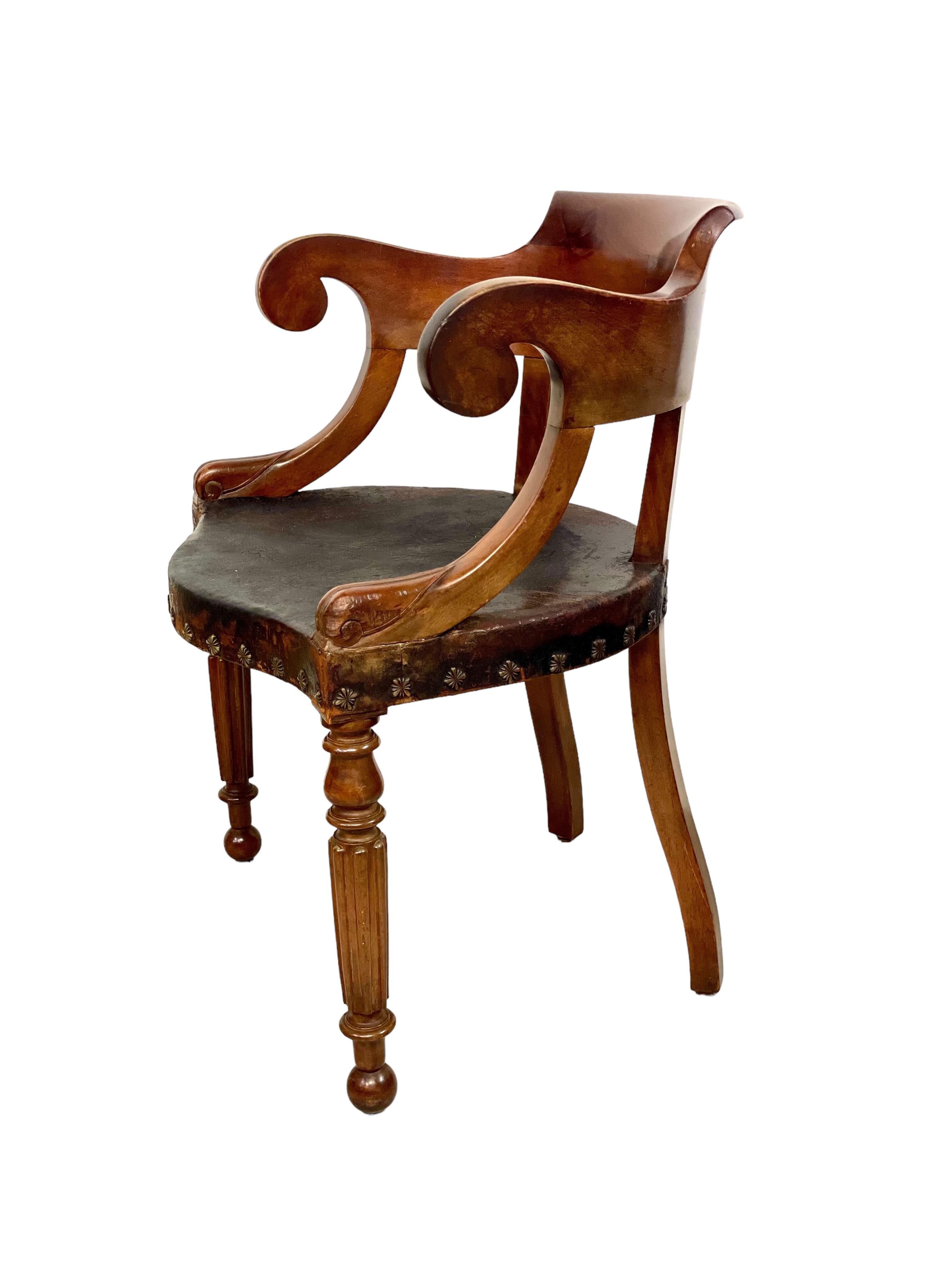 Restauration Restoration Period Engraved Leather Desk Chair For Sale