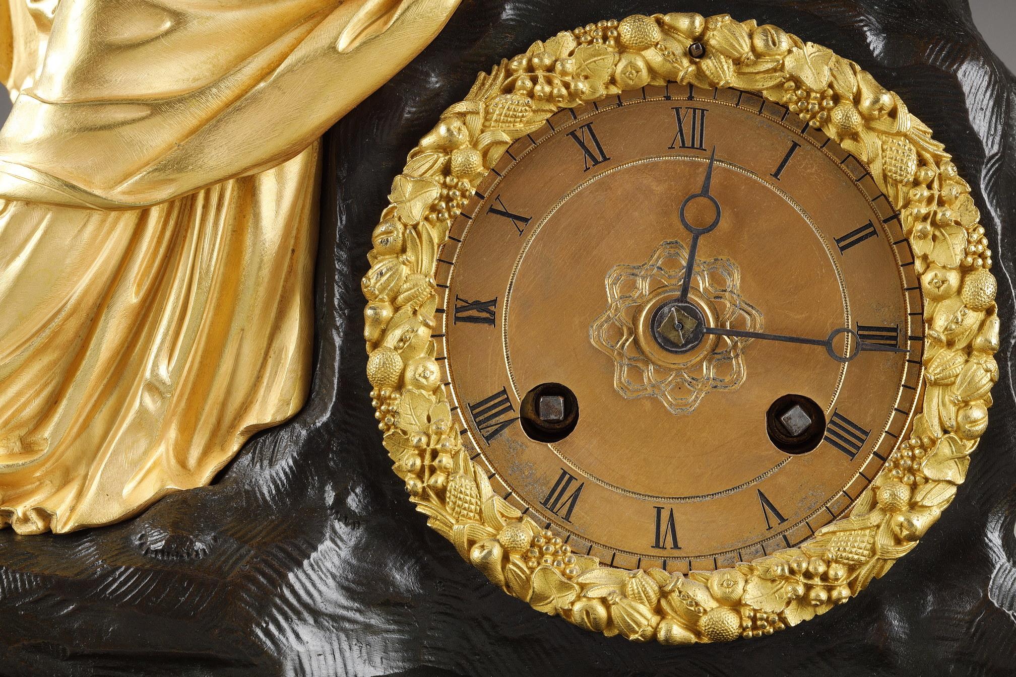 Restoration Period Clock in Gilt Bronze with a Young Woman For Sale 5