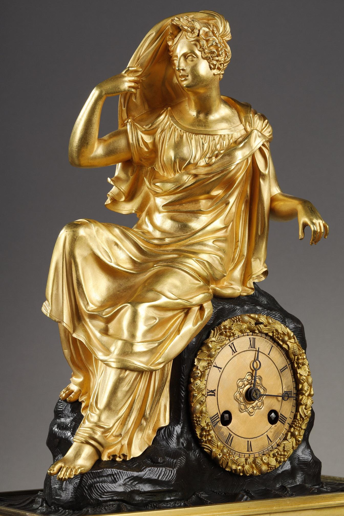 Restauration Restoration Period Clock in Gilt Bronze with a Young Woman For Sale