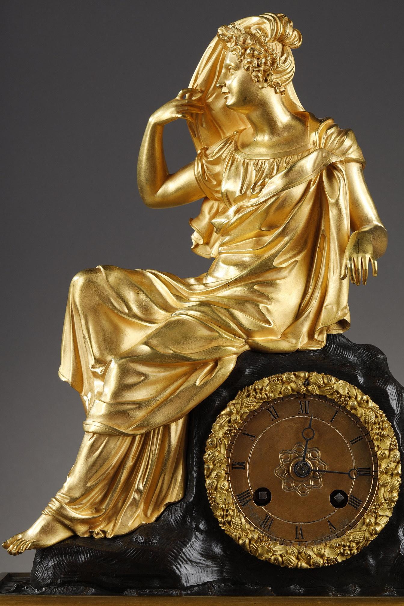 French Restoration Period Clock in Gilt Bronze with a Young Woman For Sale