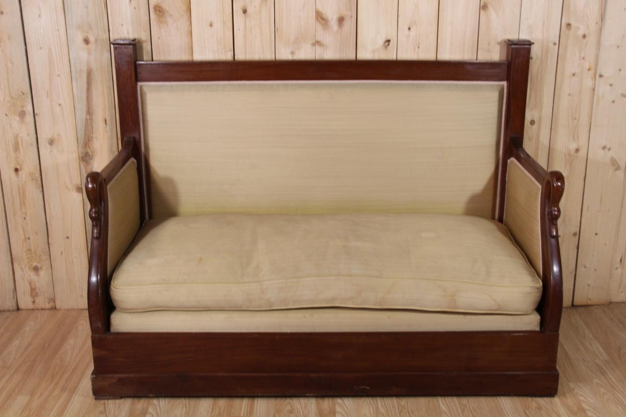 Turkish or billiard sofa, restoration period, swan neck decoration, discolored and stained fabric on the cushion as well as a small, unusual and decorative acro model