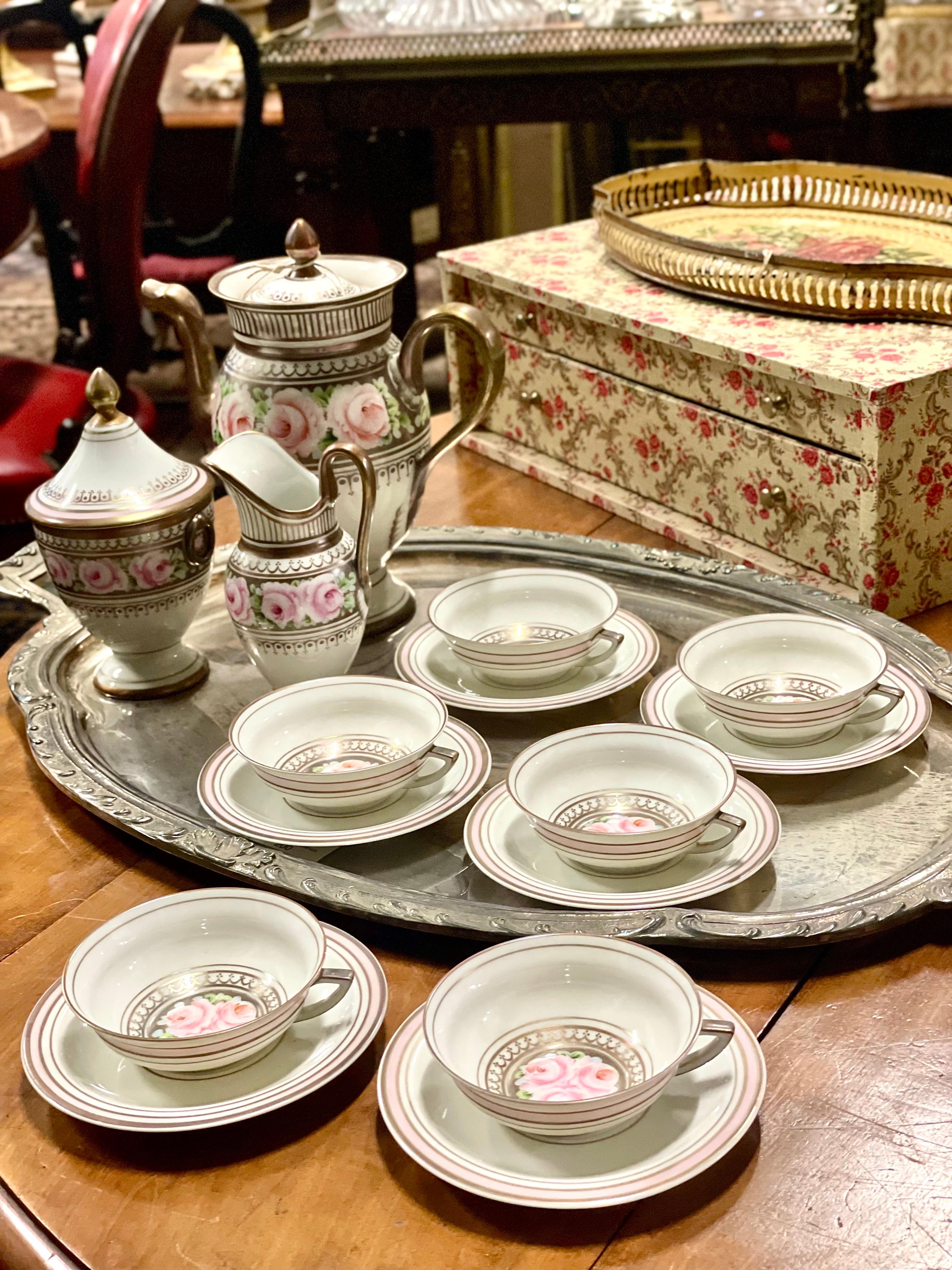 French Vintage Empire Style Porcelain Coffee Service with a decor of Flowers For Sale 9