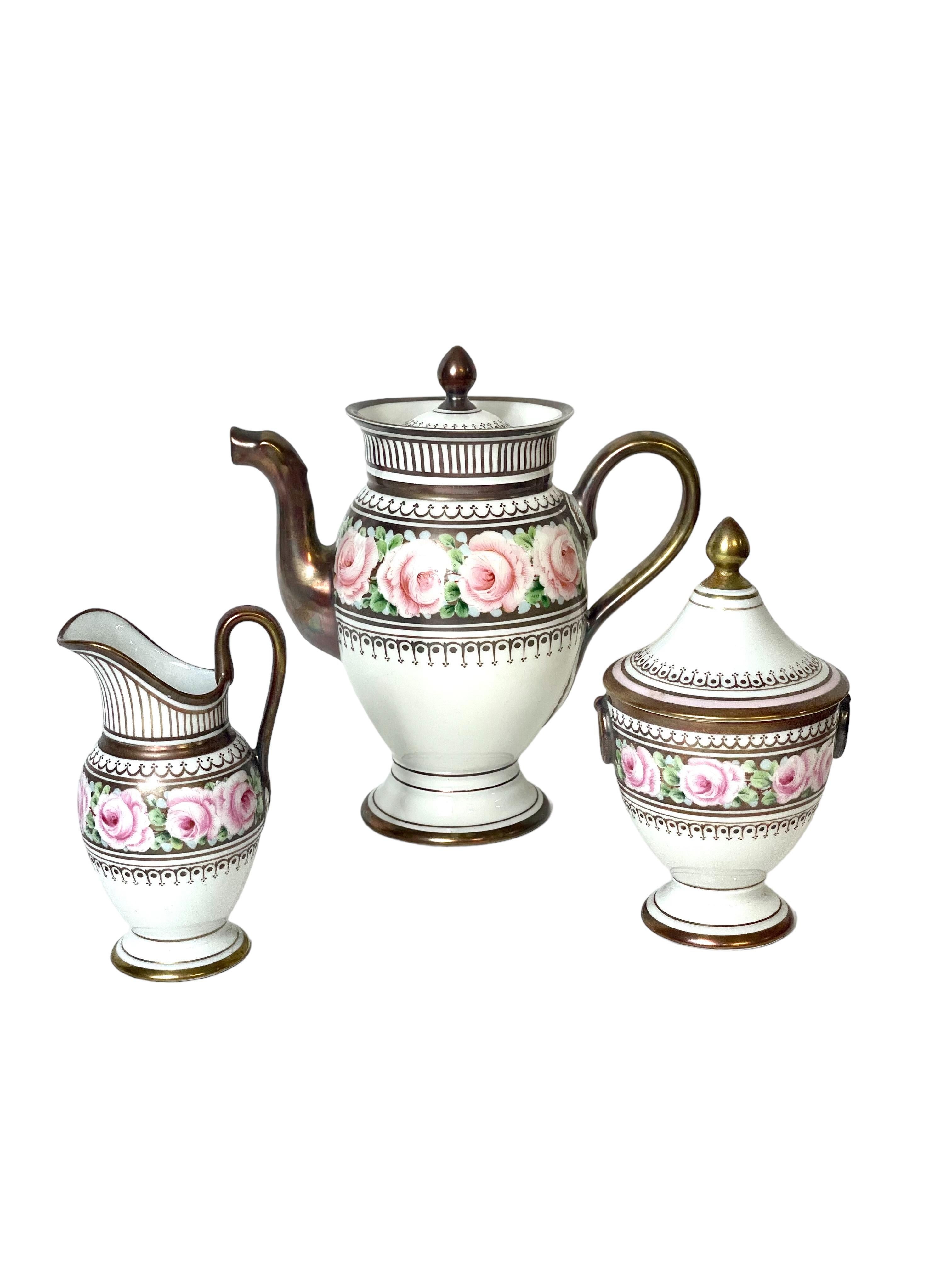 20th Century French Vintage Empire Style Porcelain Coffee Service with a decor of Flowers For Sale
