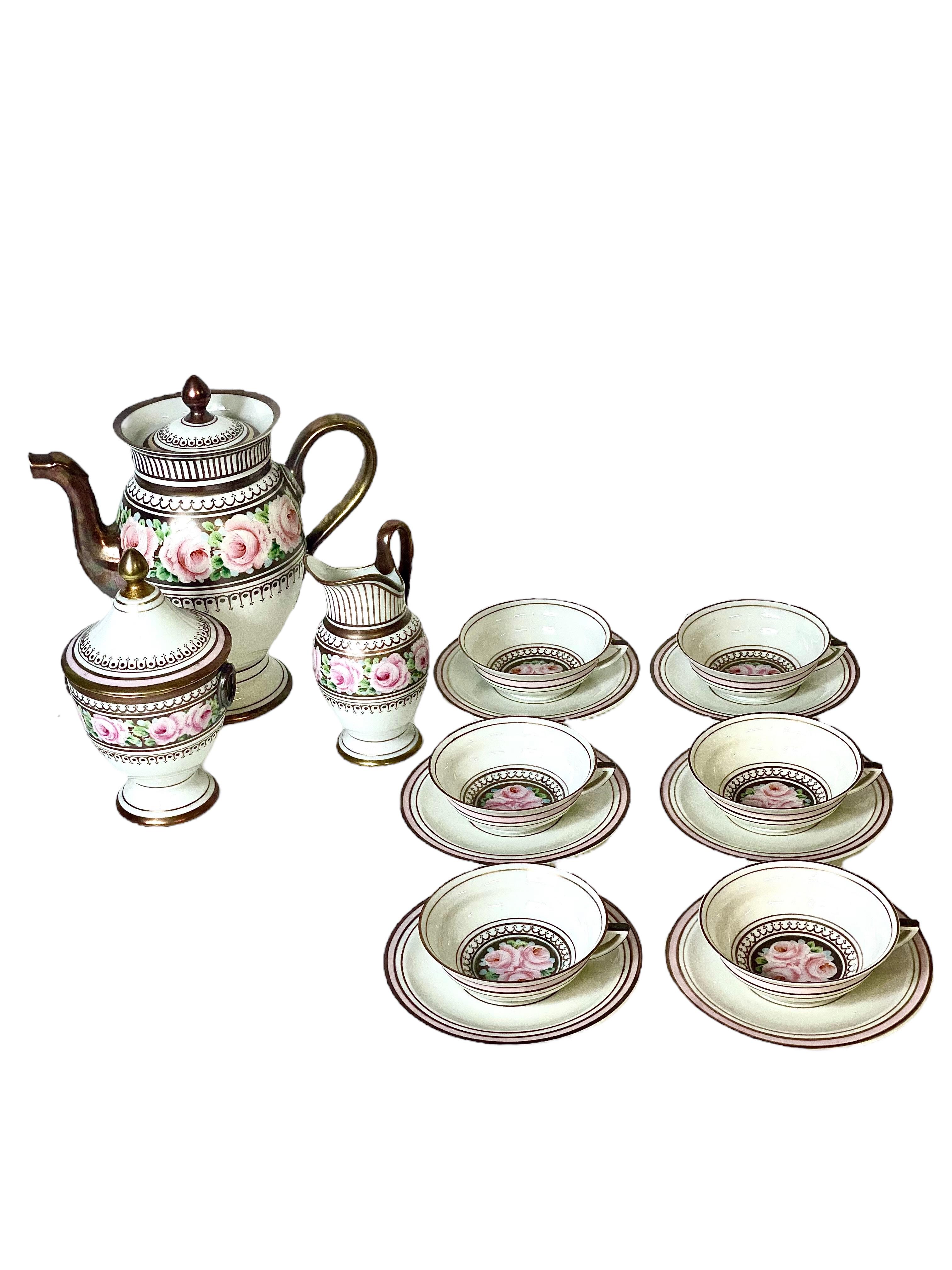 French Vintage Empire Style Porcelain Coffee Service with a decor of Flowers For Sale 1