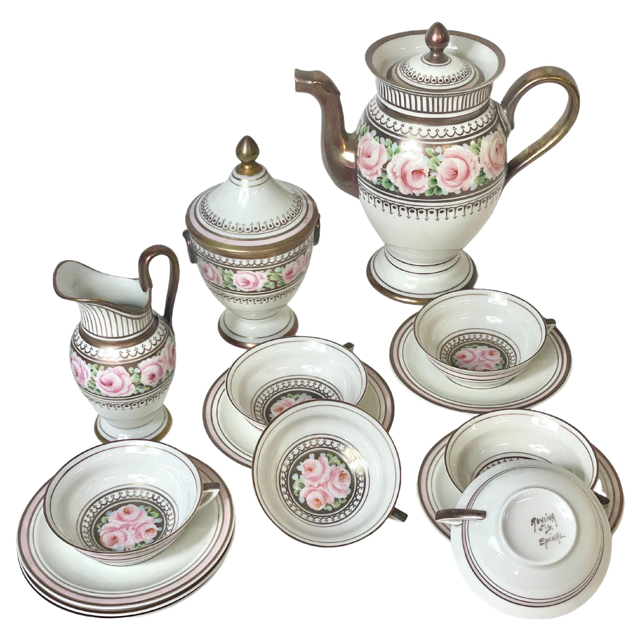 French Vintage Empire Style Porcelain Coffee Service with a decor of Flowers For Sale