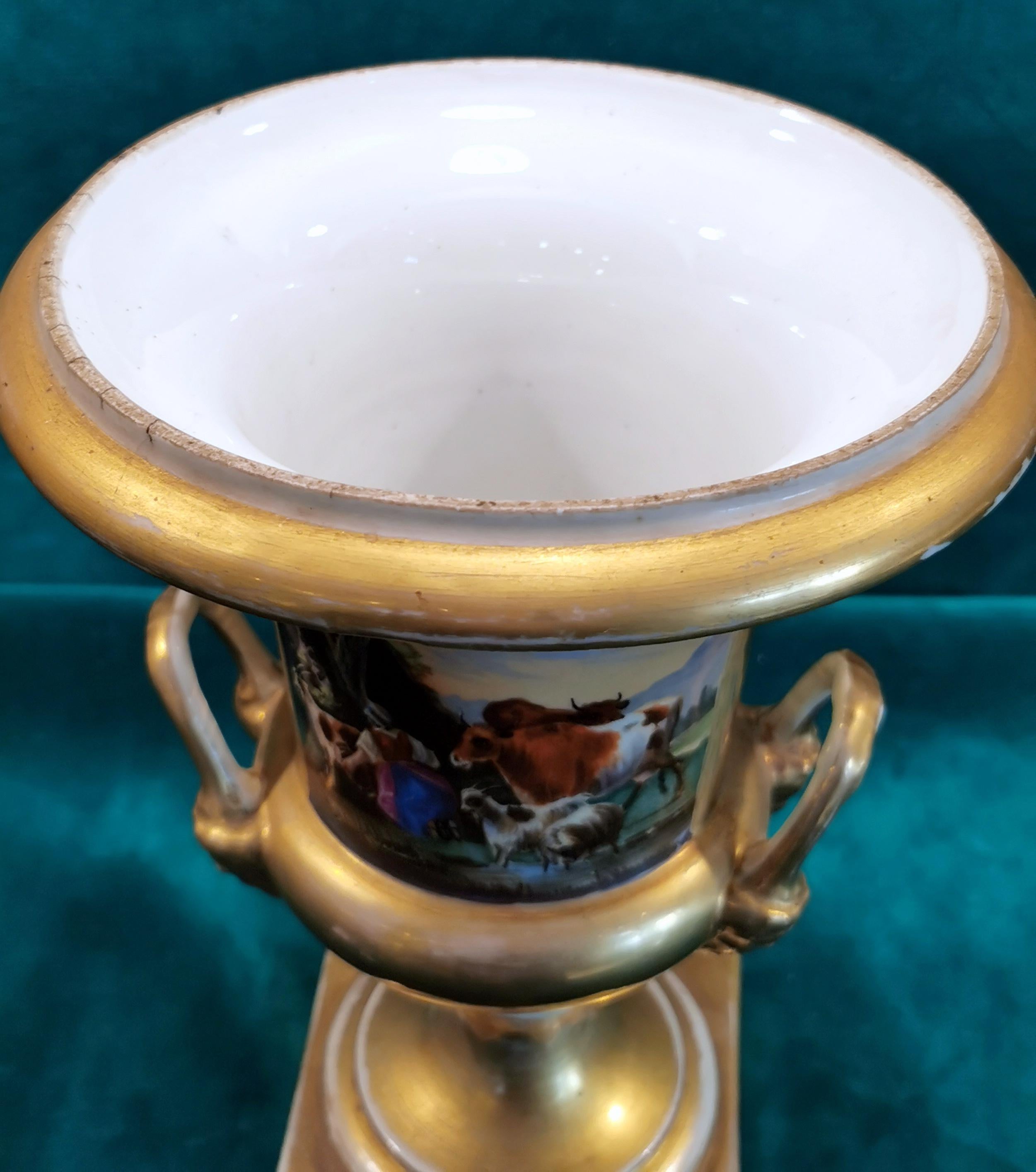 Restoration Style Vase Medicean French Porcelain De Paris Hand Painted Pure Gold 8