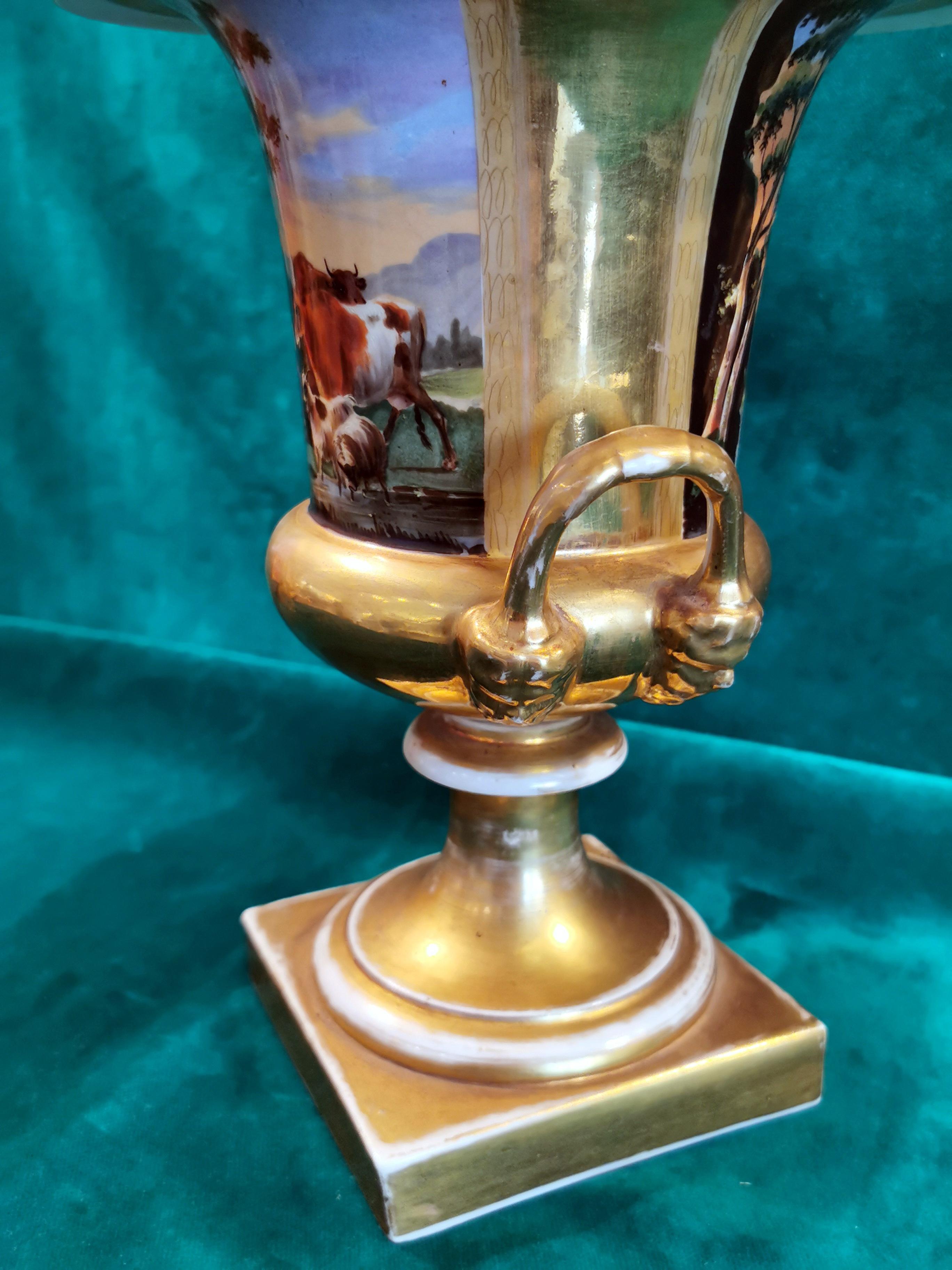 Restoration Style Vase Medicean French Porcelain De Paris Hand Painted Pure Gold 9