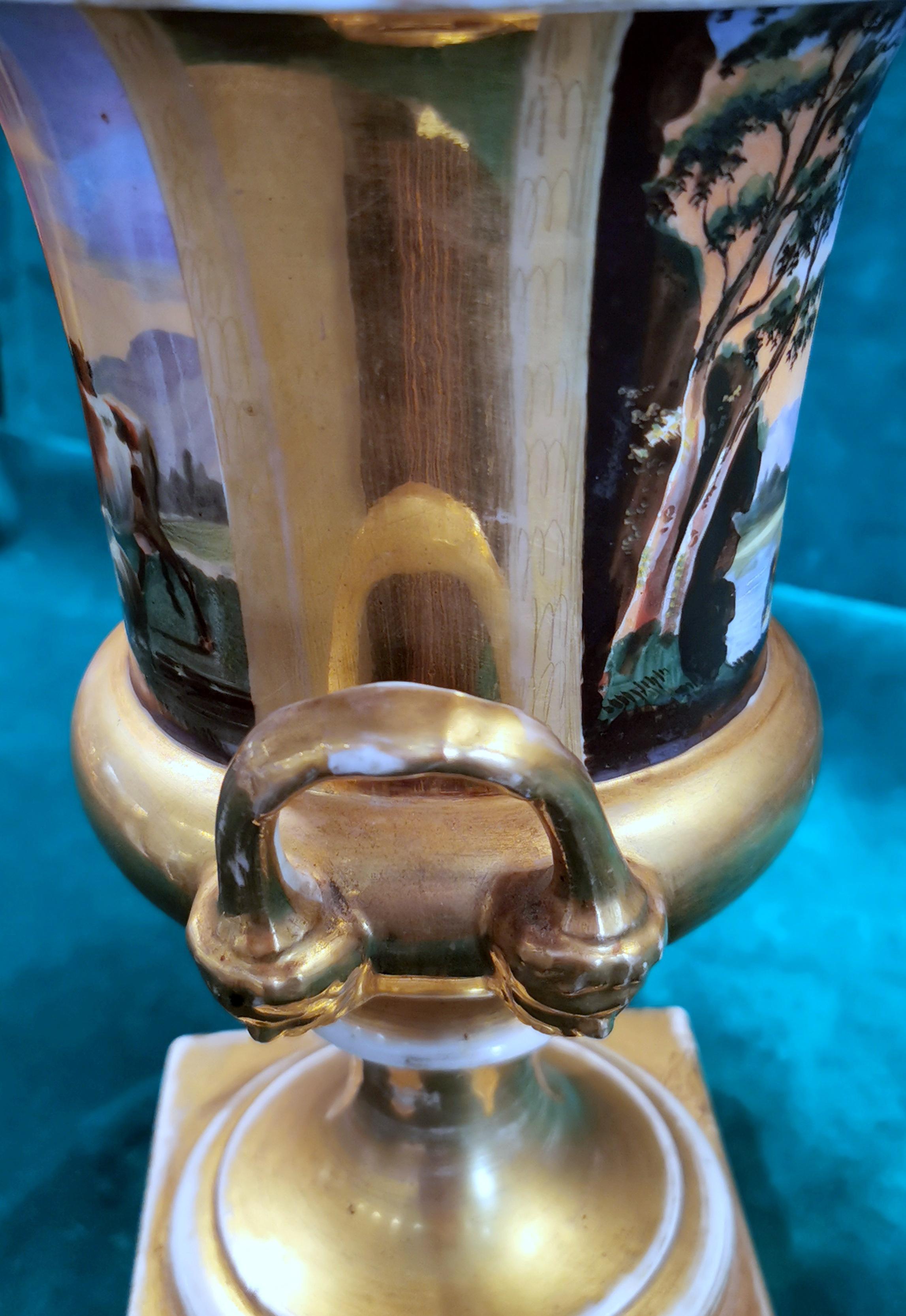 Restoration Style Vase Medicean French Porcelain De Paris Hand Painted Pure Gold 13