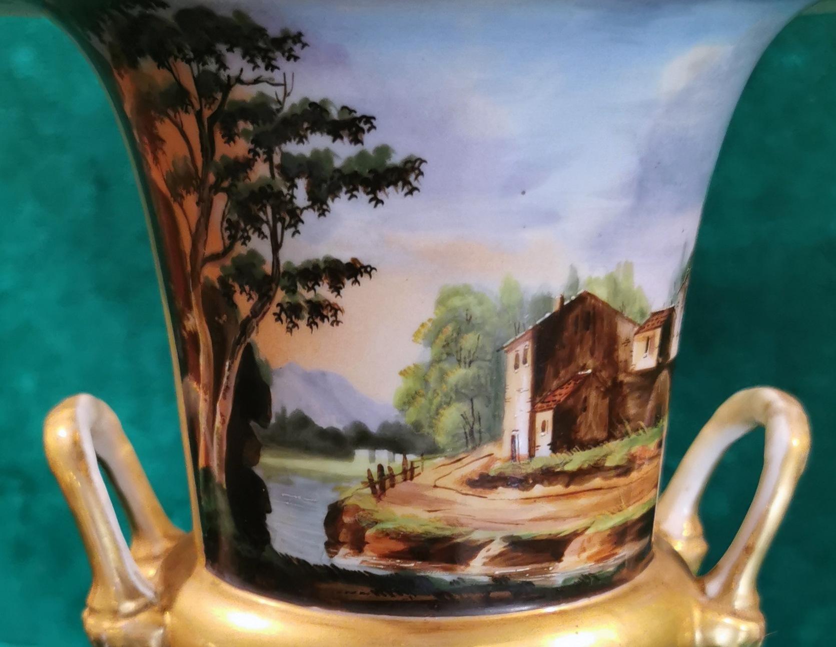 19th Century Restoration Style Vase Medicean French Porcelain De Paris Hand Painted Pure Gold