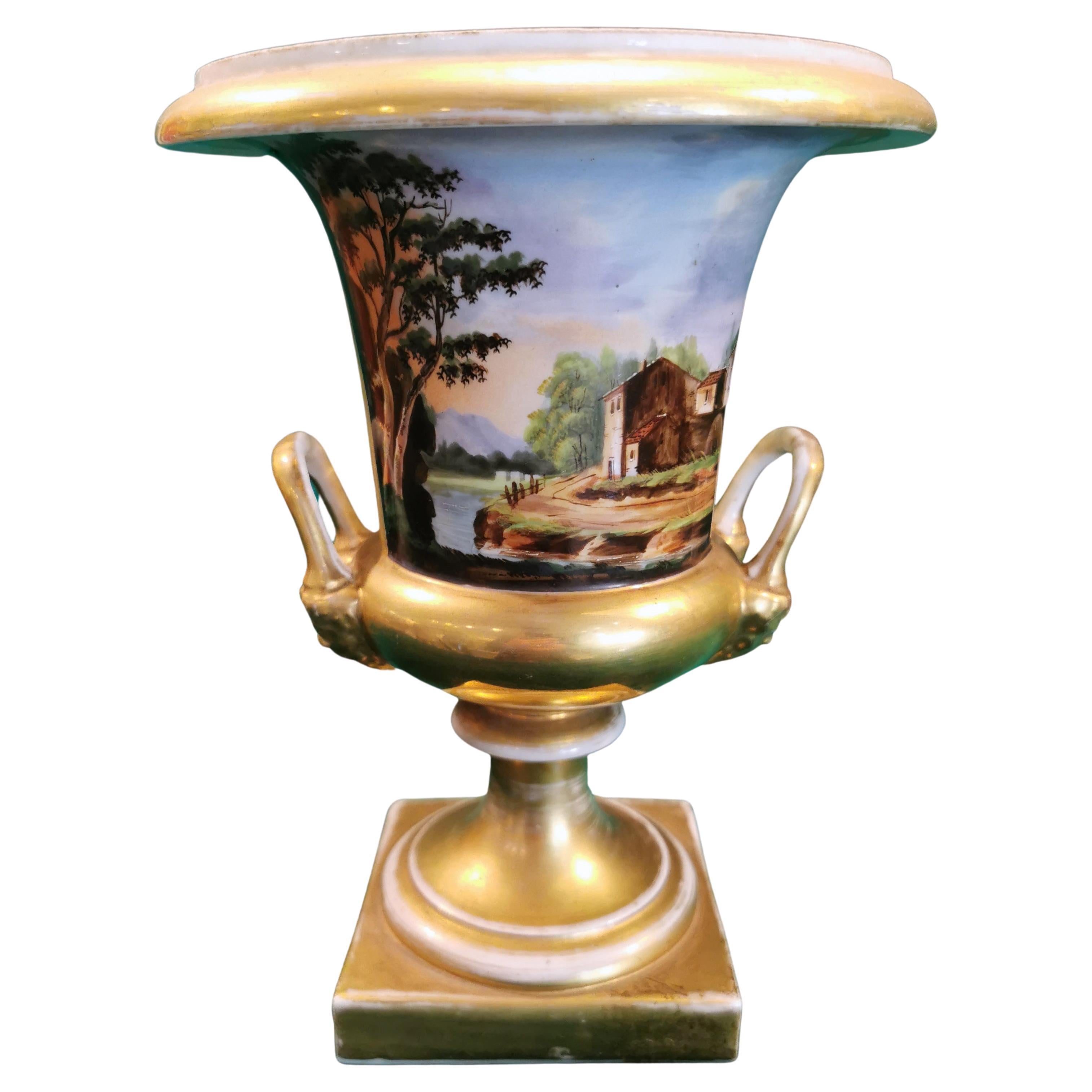 Restoration Style Vase Medicean French Porcelain De Paris Hand Painted Pure Gold