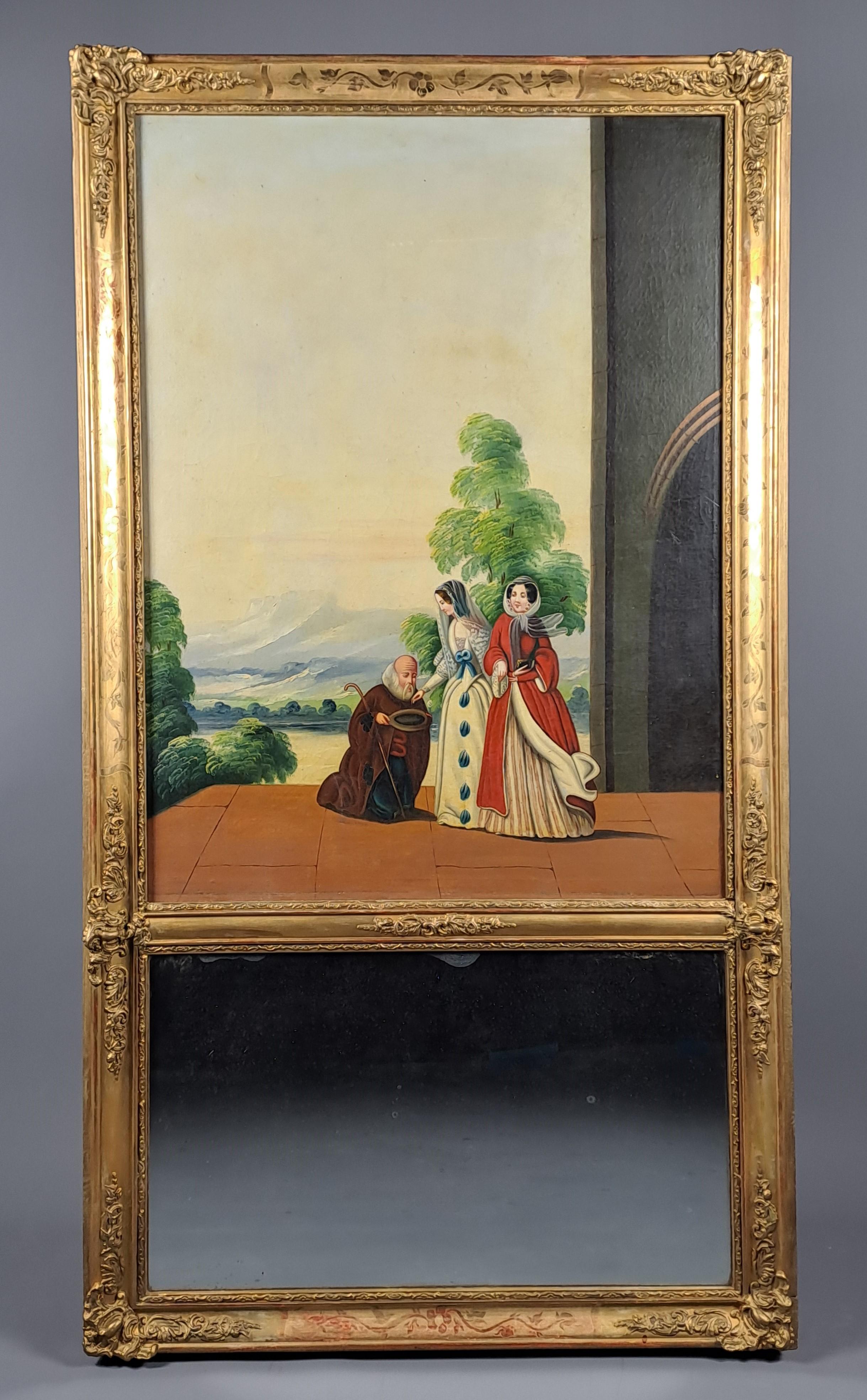 Trumeau aus stuckiertem und vergoldetem Holz aus der Restaurationszeit 

 Großes Öl auf Leinwand, das eine lebendige Szene zum Thema Wohltätigkeit zeigt.  

 Original Quecksilberglas   

Sehr guter Zustand