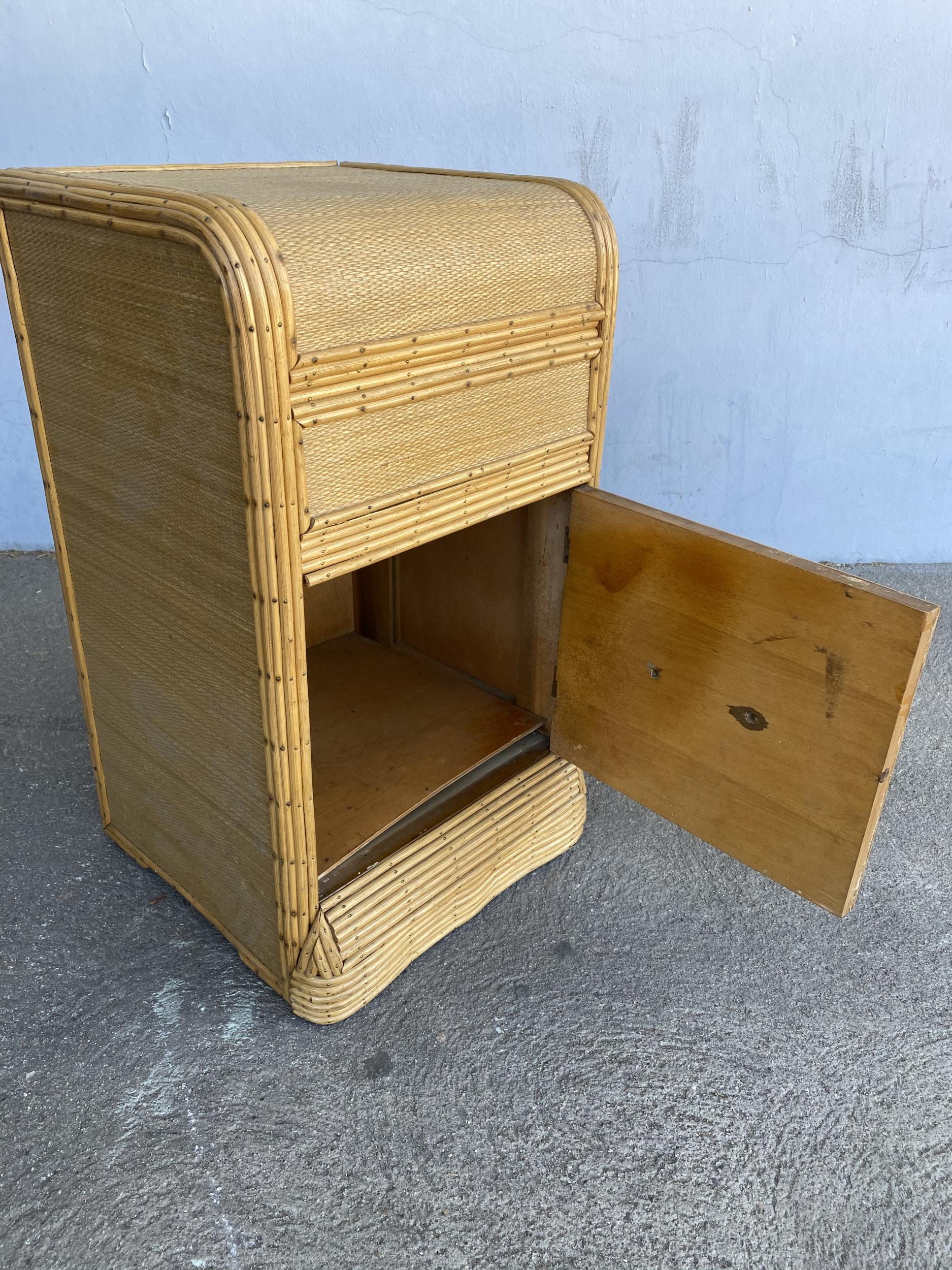 Art Deco Restored Streamline Grass Mat Covered Bedside Table with Stick Rattan Accents