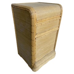 Restored Streamline Grass Mat Covered Bedside Table with Stick Rattan Accents