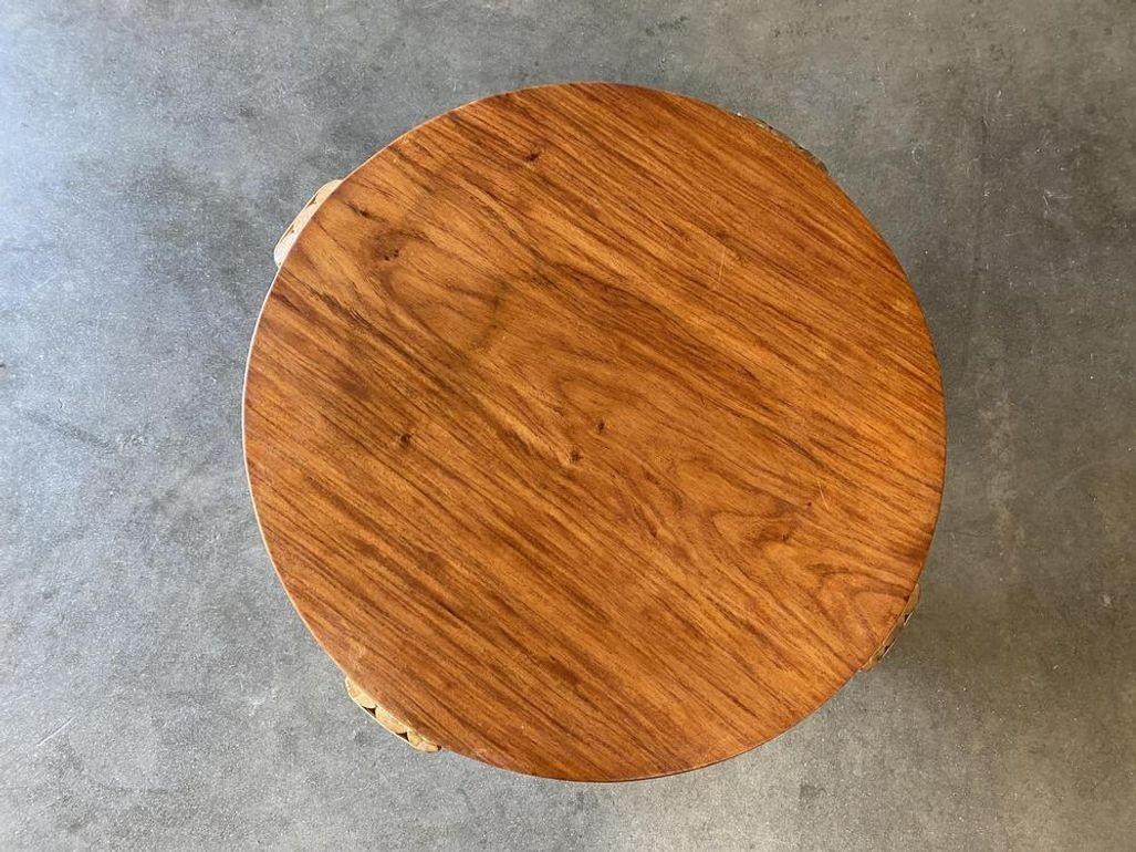 Restored Circular Rattan Side Coffee Table With Koa Wood Top For Sale 4