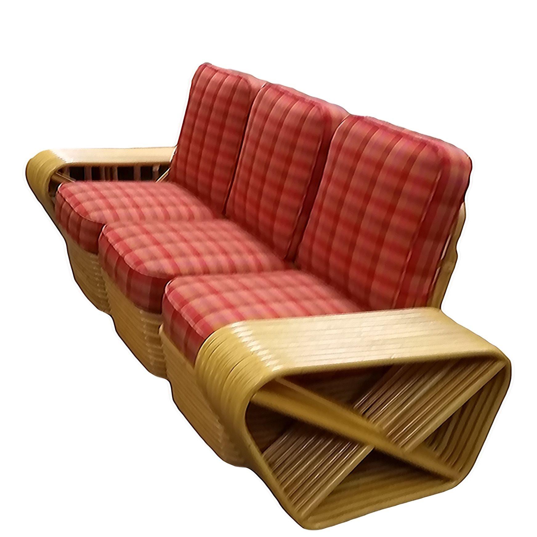 American Restored 10 Strand Square Pretzel Rattan 3-Seater Sectional Sofa For Sale