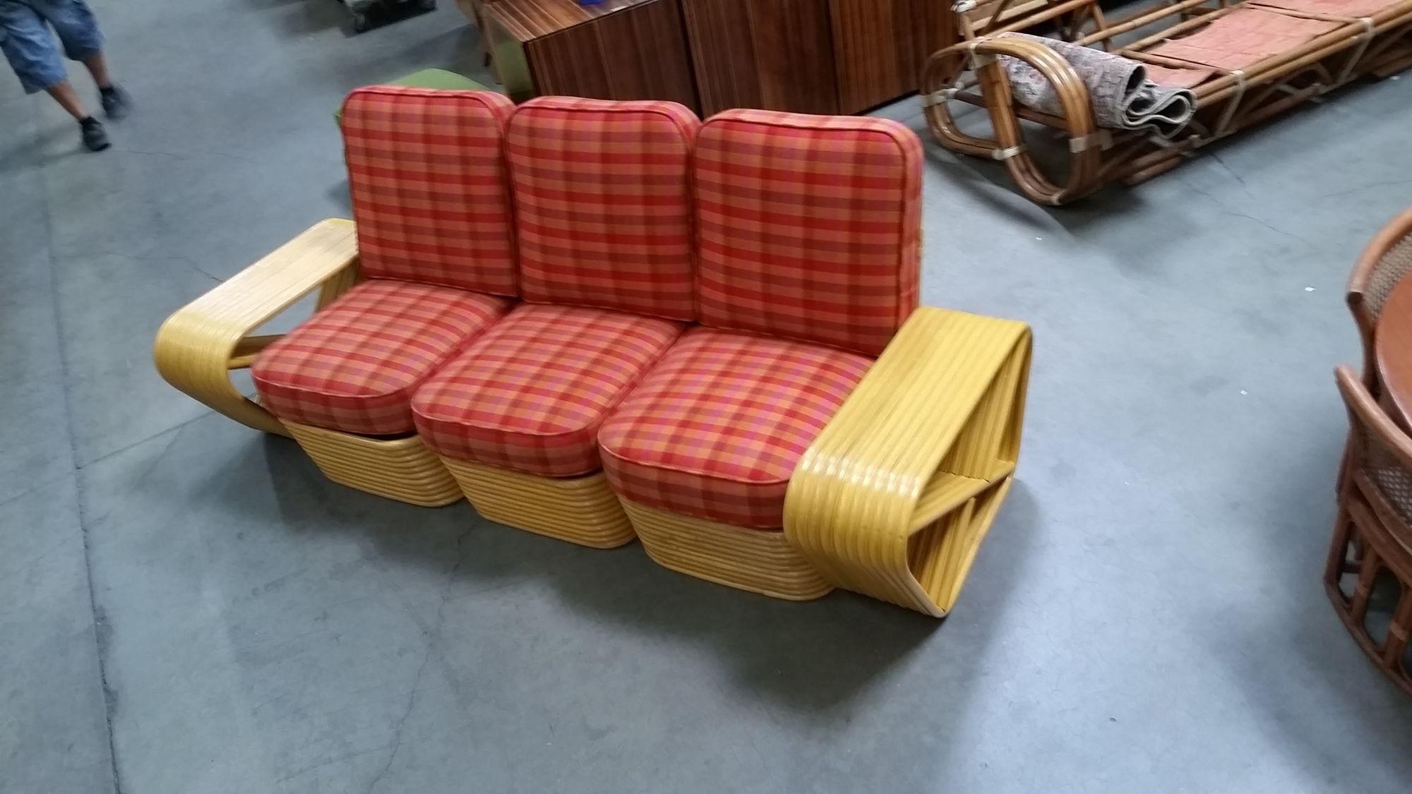 Restored 10 Strand Square Pretzel Rattan 3-Seater Sectional Sofa In Excellent Condition For Sale In Van Nuys, CA