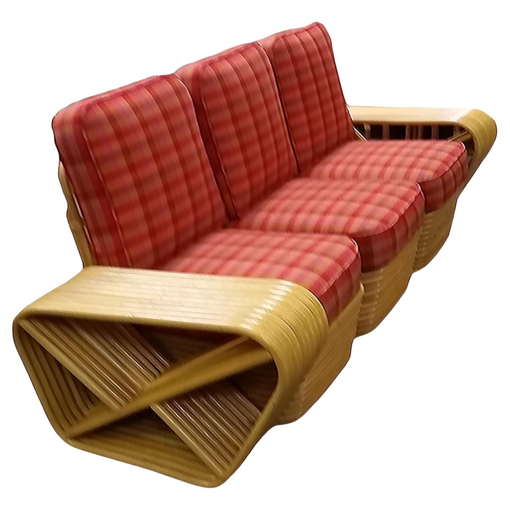 Restauriertes 10strängiges, quadratisches Rattan-Sofa mit 3-Sitzern und quadratischer Brezel