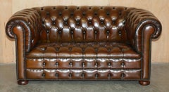 RESTORED 165CM WIDE CHESTERFiELD FULLY TUFTED TWO SEAT BROWN LEATHER CLUB SOFA