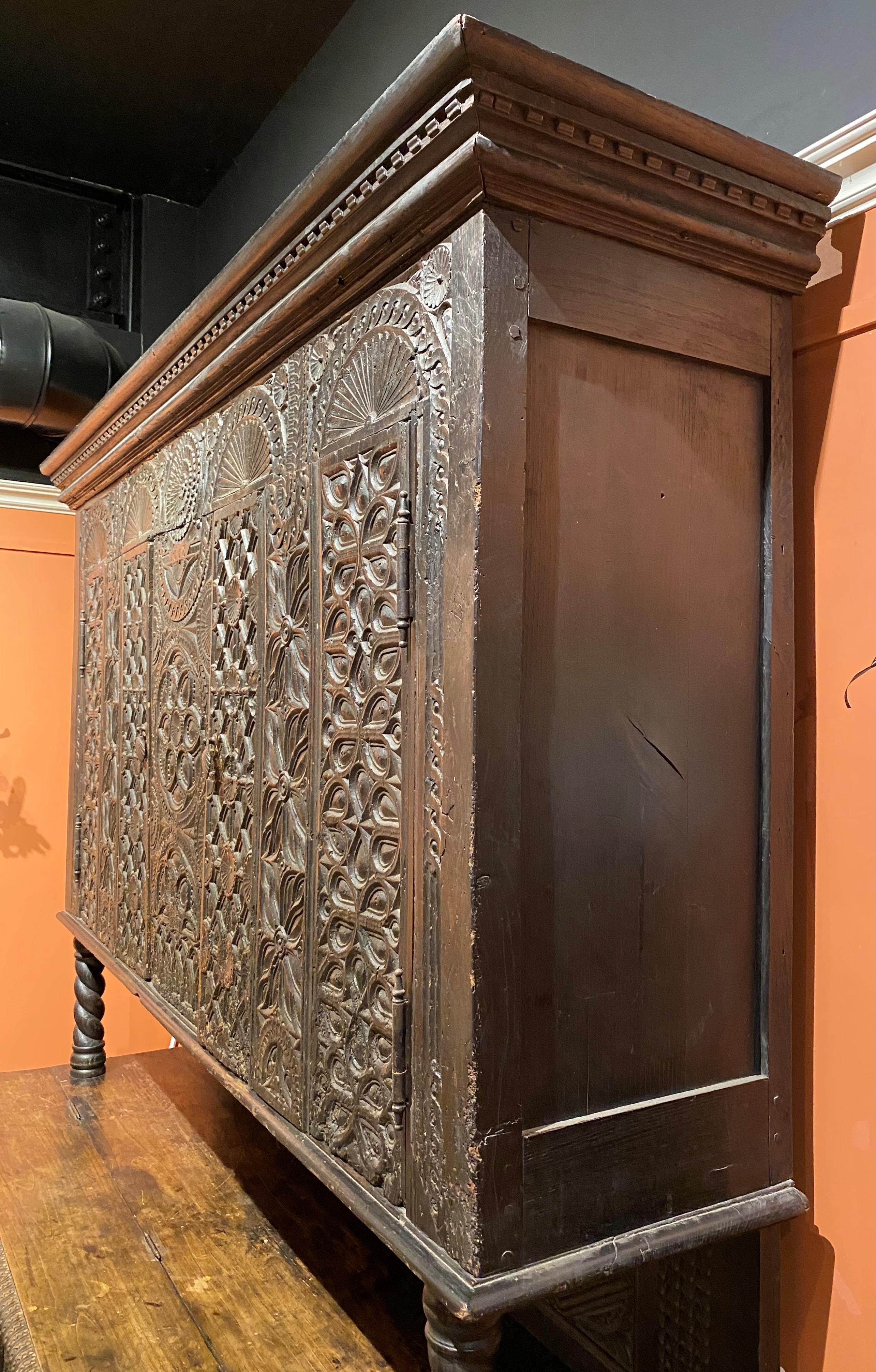Restored 17th C Continental Two Part Cupboard with Exceptional Carving For Sale 5