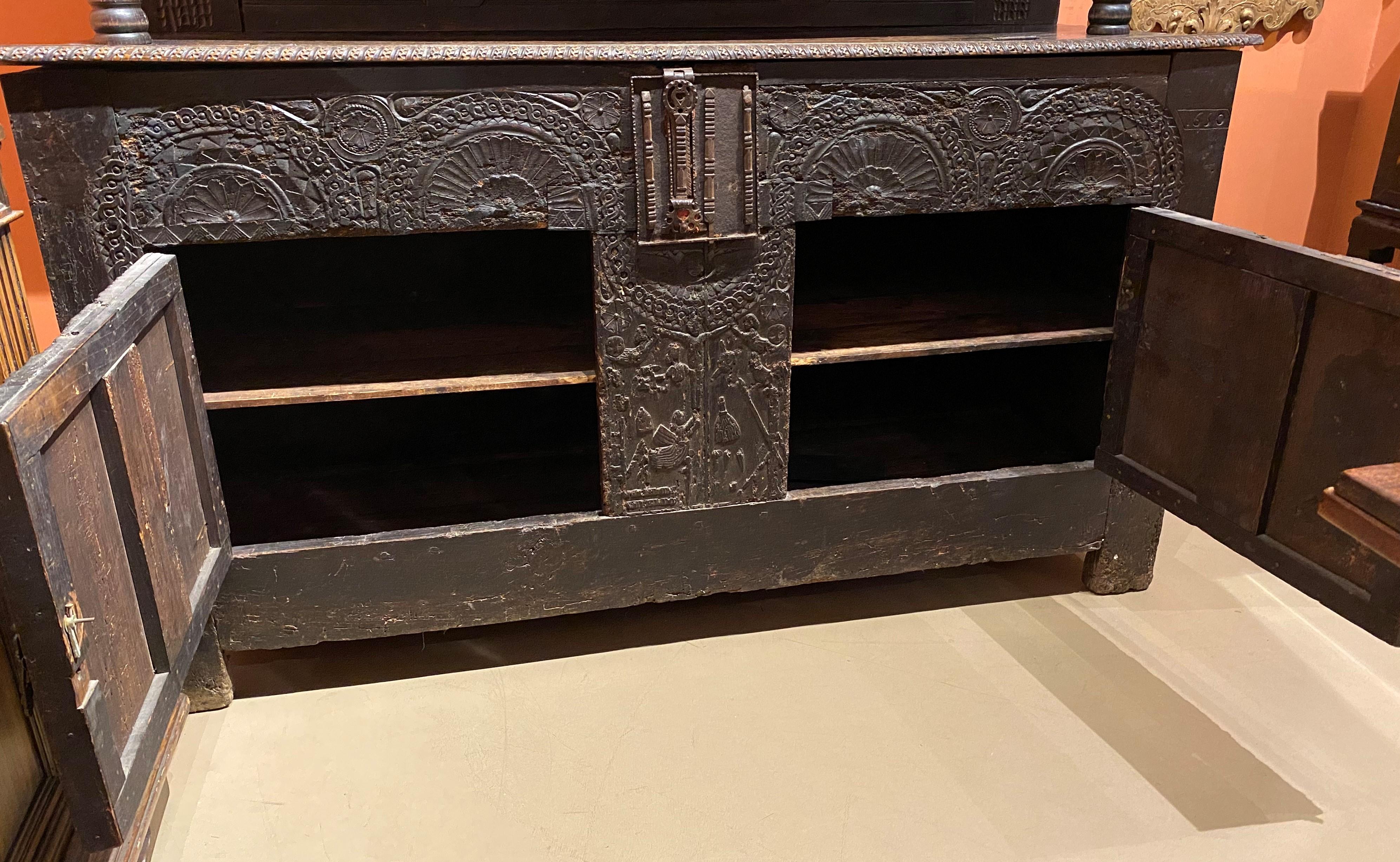 Restored 17th C Continental Two Part Cupboard with Exceptional Carving For Sale 11