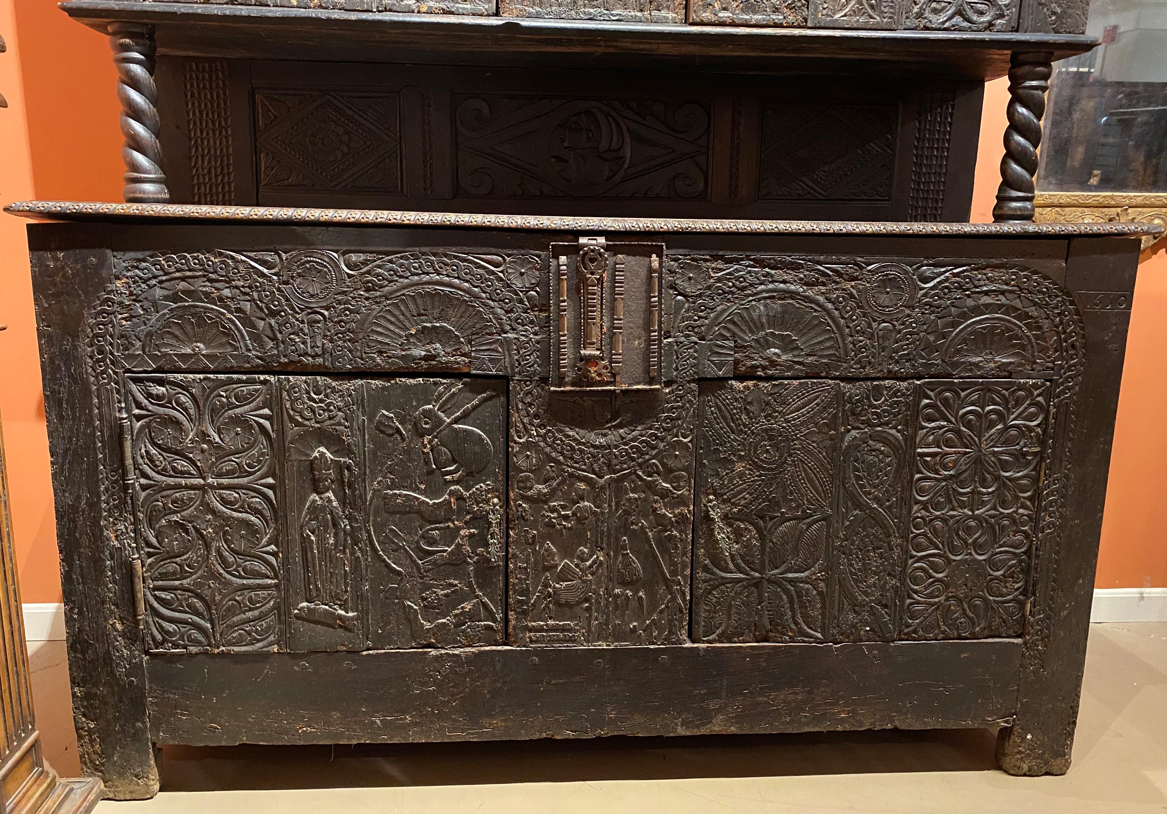 European Restored 17th C Continental Two Part Cupboard with Exceptional Carving For Sale
