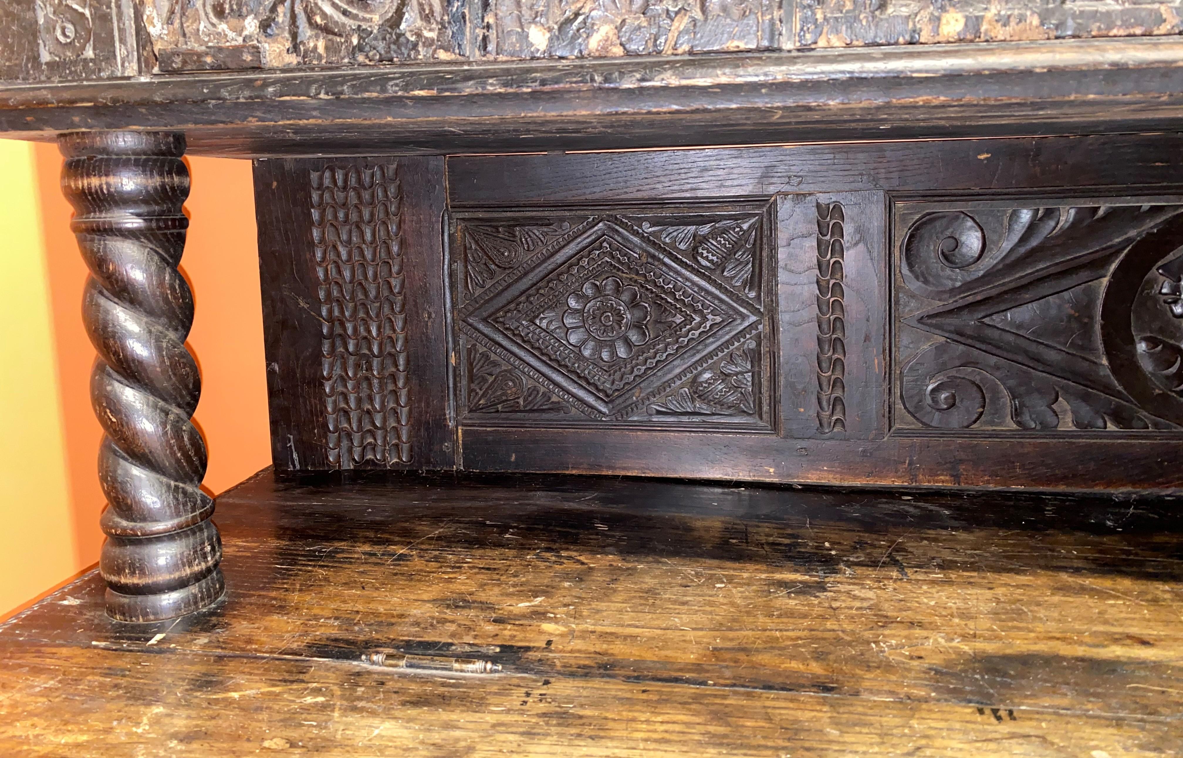 Hand-Carved Restored 17th C Continental Two Part Cupboard with Exceptional Carving For Sale