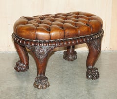 RESTORED 1840 LION HAIRY PAW FEET ANTiQUE CHESTERFIELD BROWN LEATHER BENCH STOOL