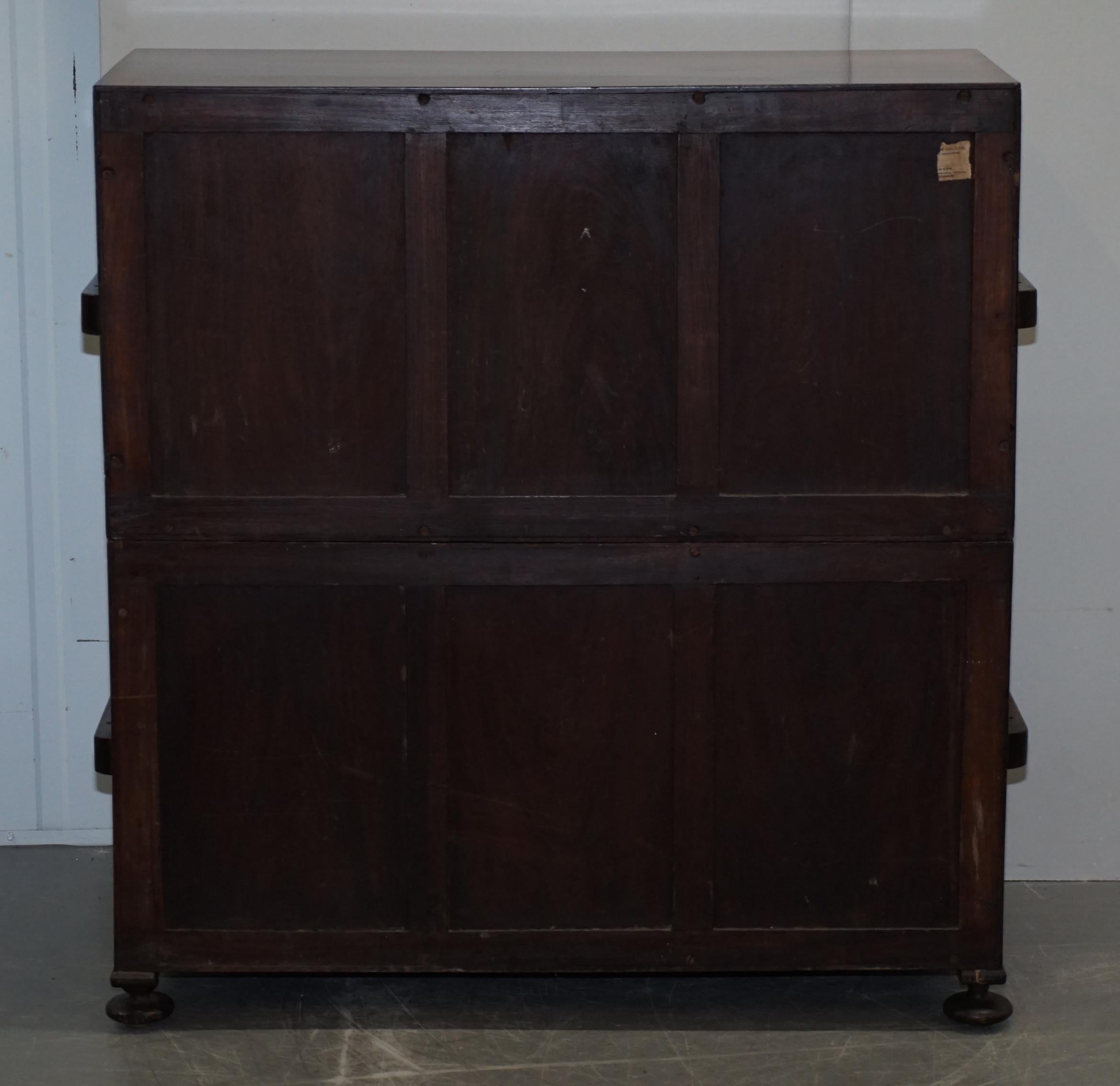 Restored 1876 Stamped Camphor Wood Military Campaign Chest of Drawers with Desk For Sale 5