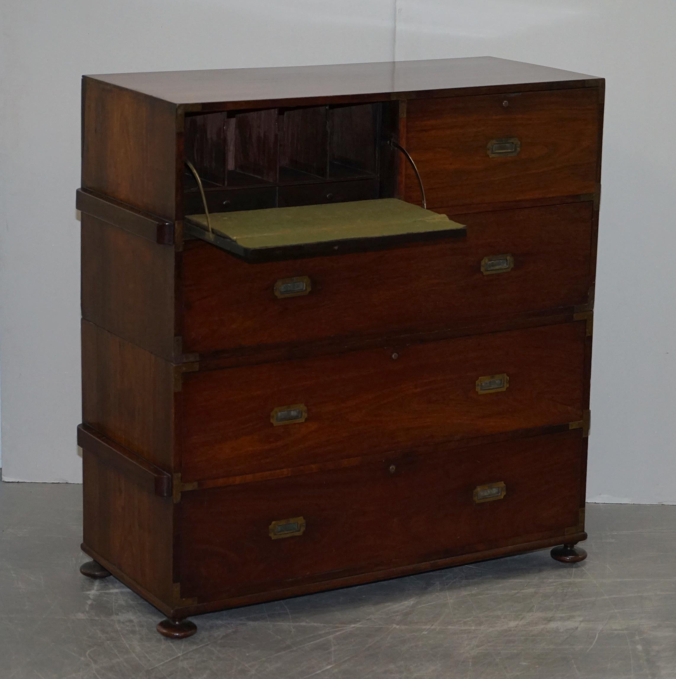 Restored 1876 Stamped Camphor Wood Military Campaign Chest of Drawers with Desk 6