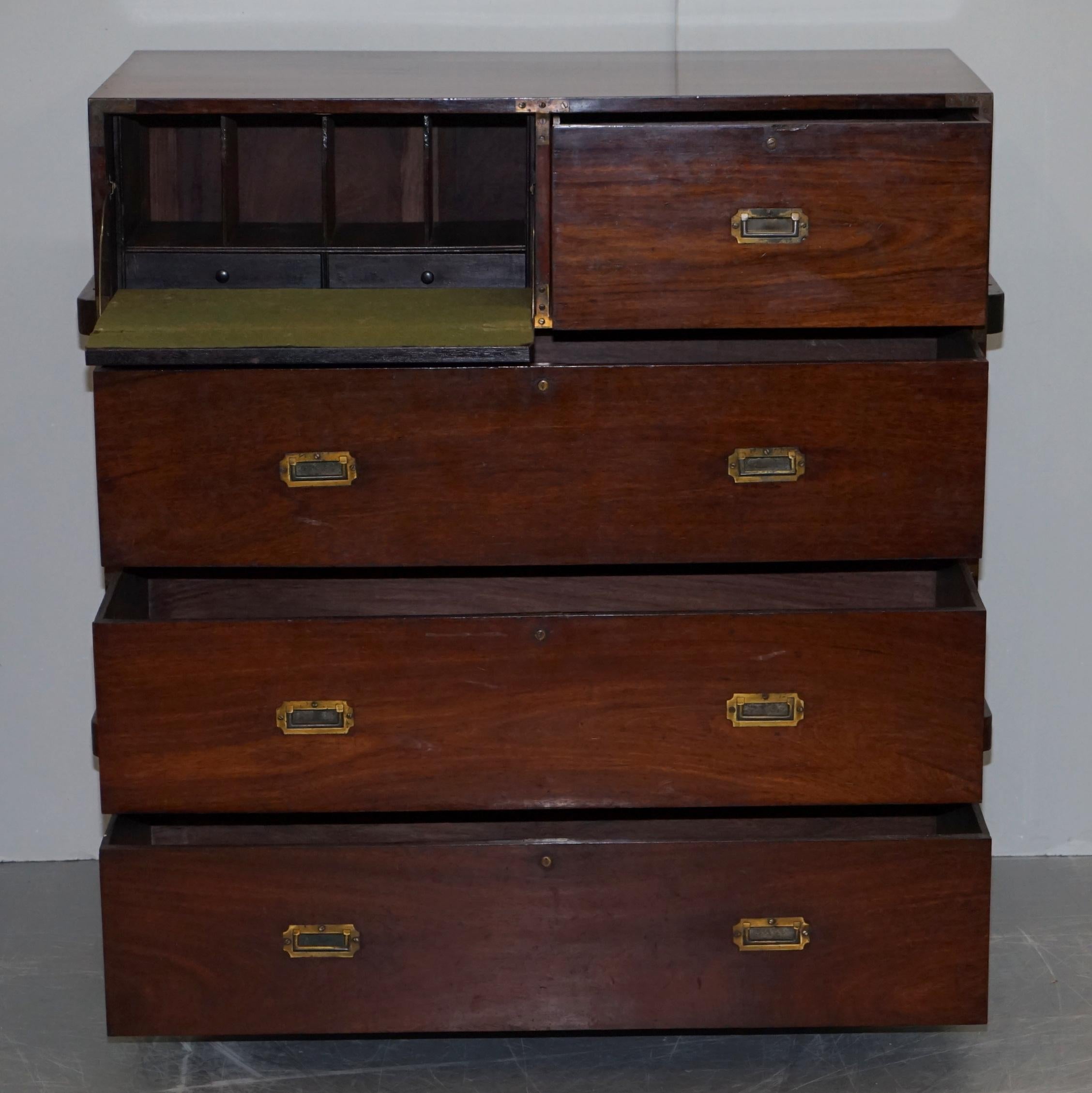 Restored 1876 Stamped Camphor Wood Military Campaign Chest of Drawers with Desk 8
