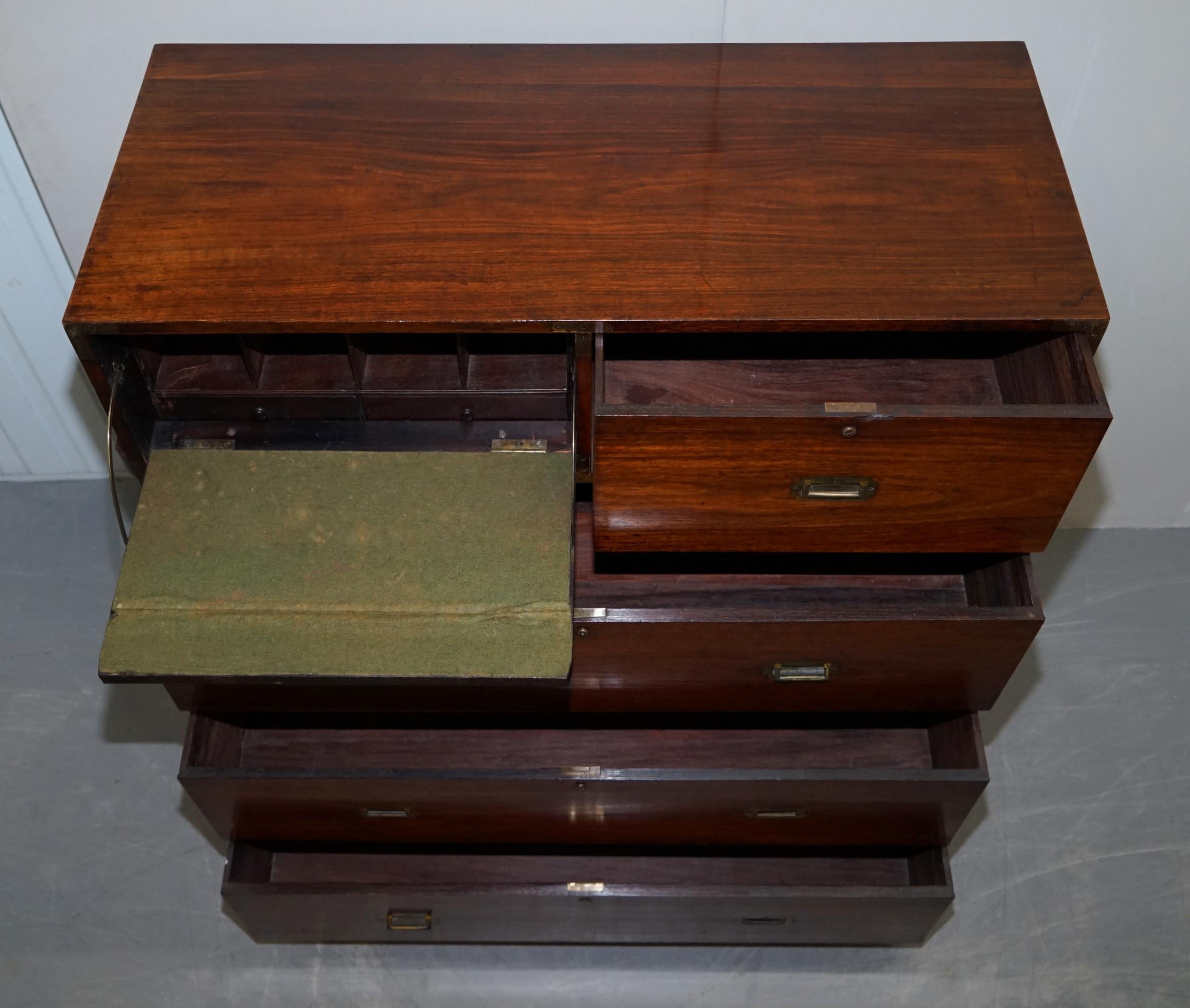 Restored 1876 Stamped Camphor Wood Military Campaign Chest of Drawers with Desk 9