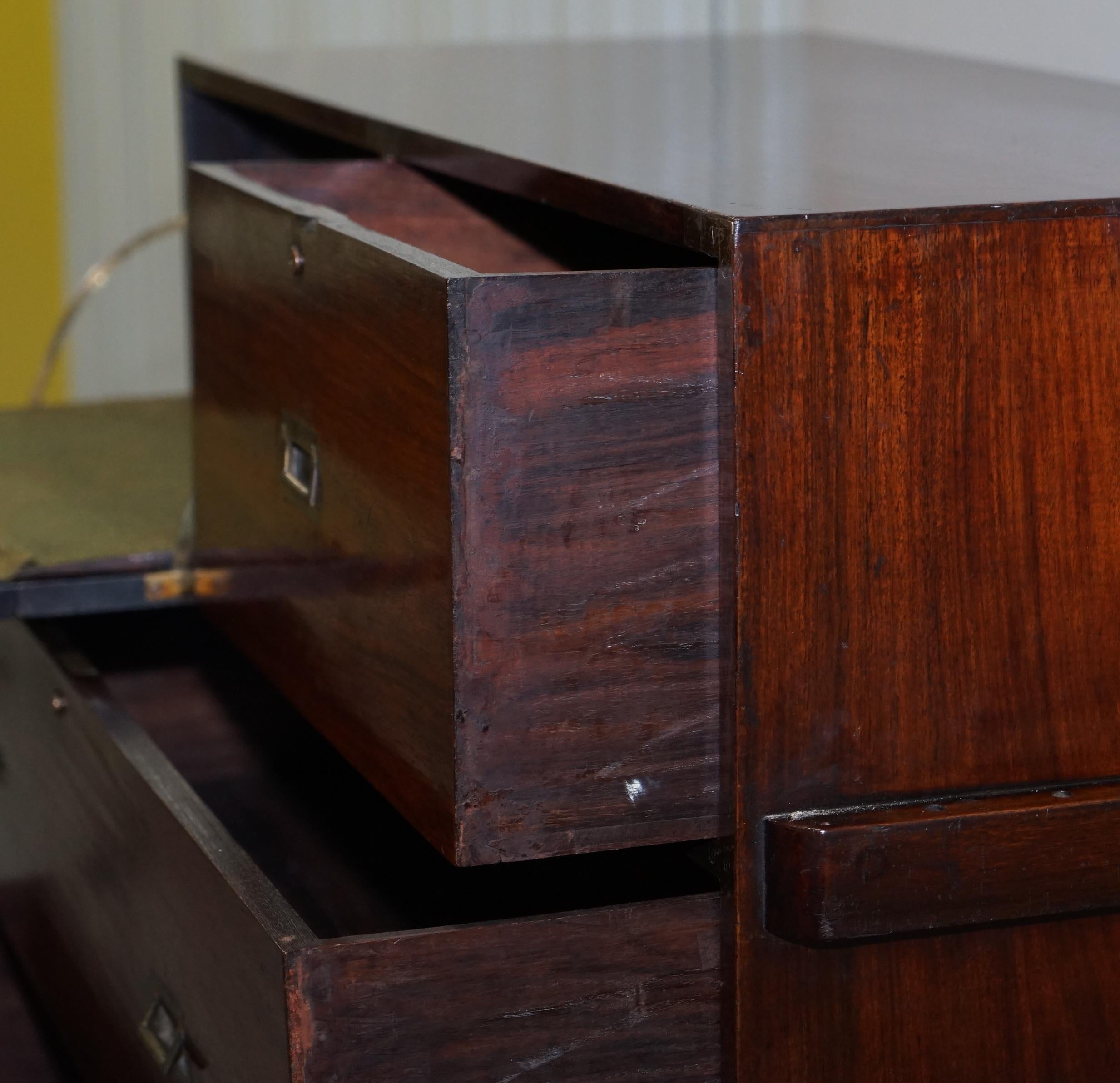 Restored 1876 Stamped Camphor Wood Military Campaign Chest of Drawers with Desk 9