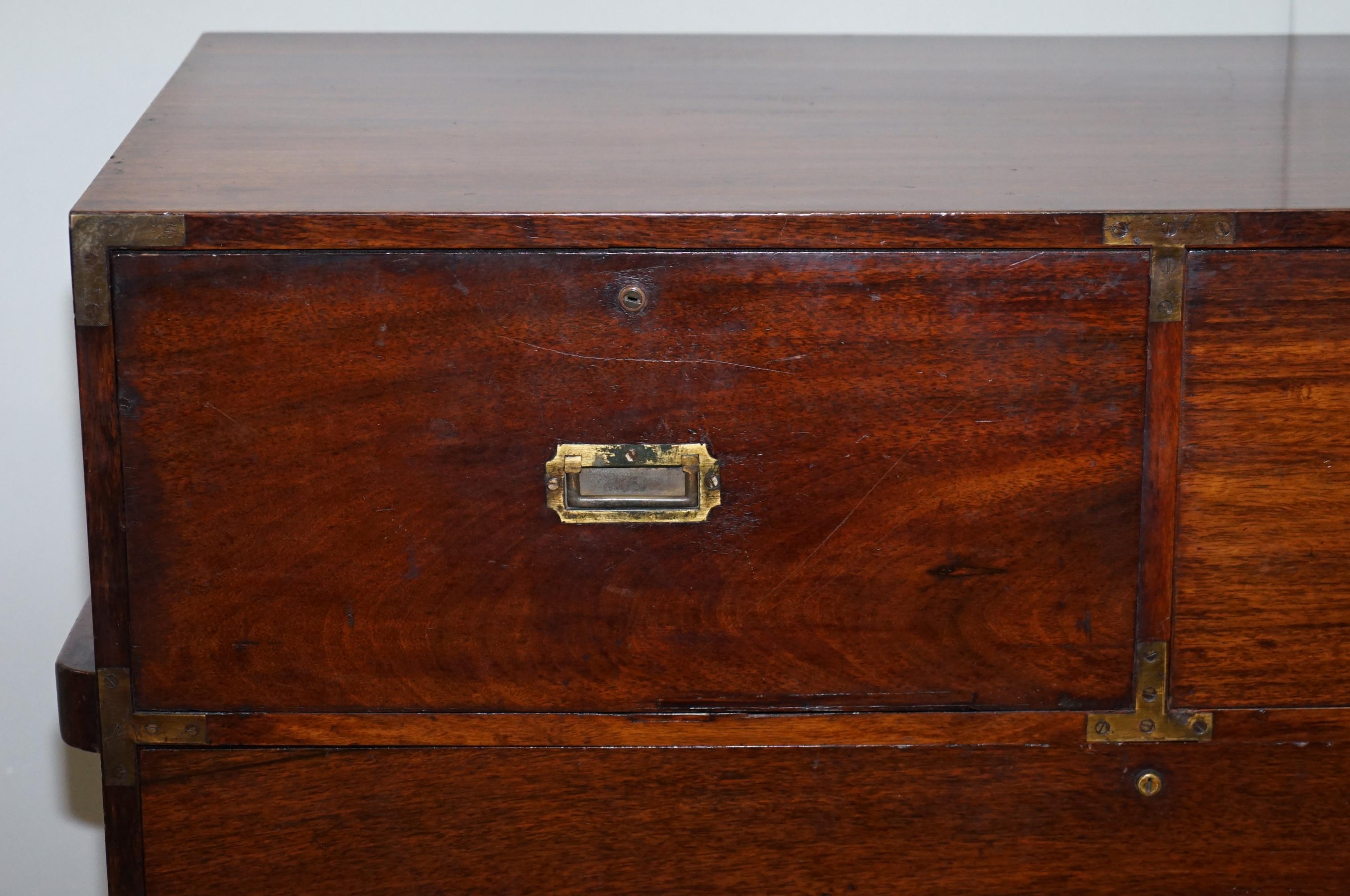 British Restored 1876 Stamped Camphor Wood Military Campaign Chest of Drawers with Desk For Sale