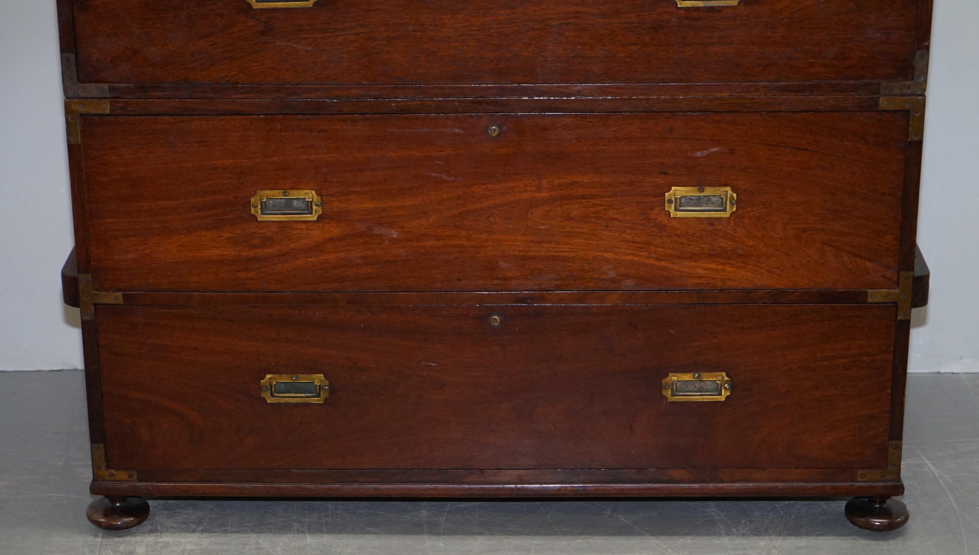 Hand-Carved Restored 1876 Stamped Camphor Wood Military Campaign Chest of Drawers with Desk For Sale