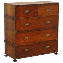 Restored 1876 Stamped Camphor Wood Military Campaign Chest of Drawers with Desk