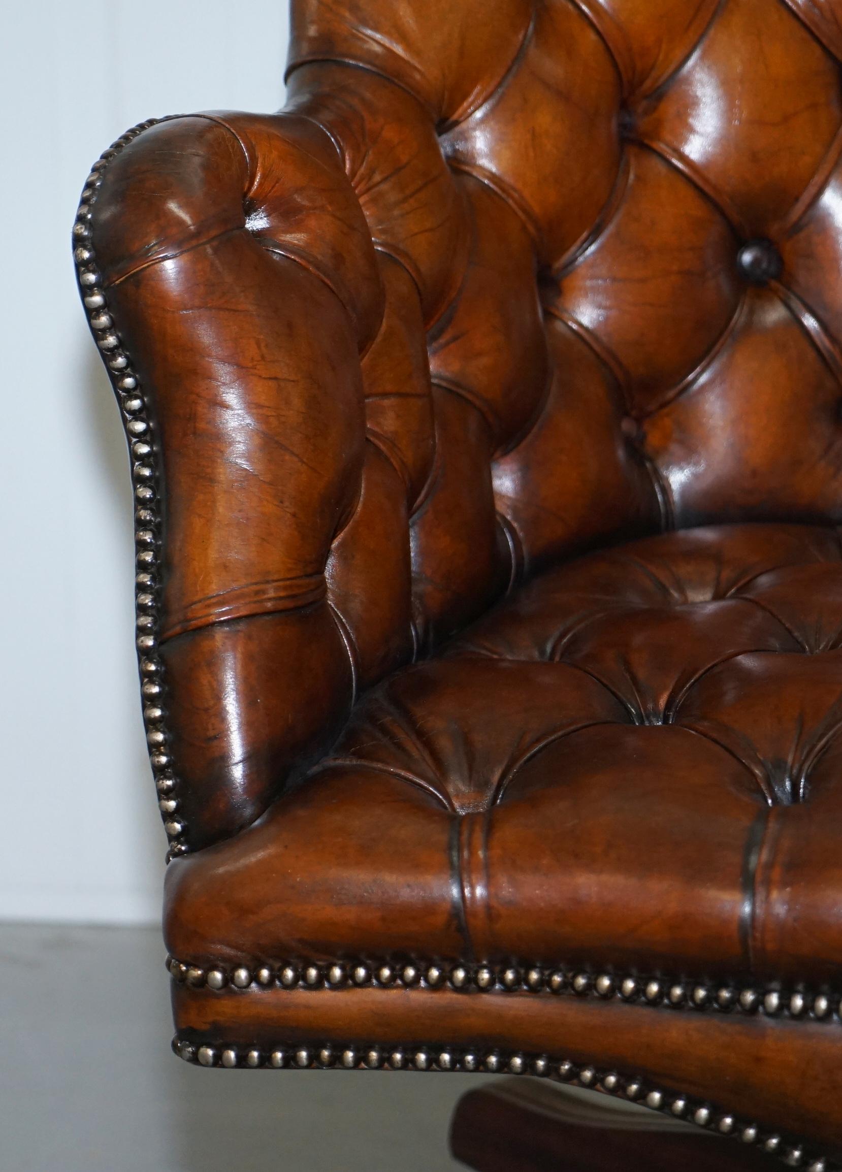 Restored 1900 Chesterfield Porters Back Brown Leather Directors Captains Chair 1