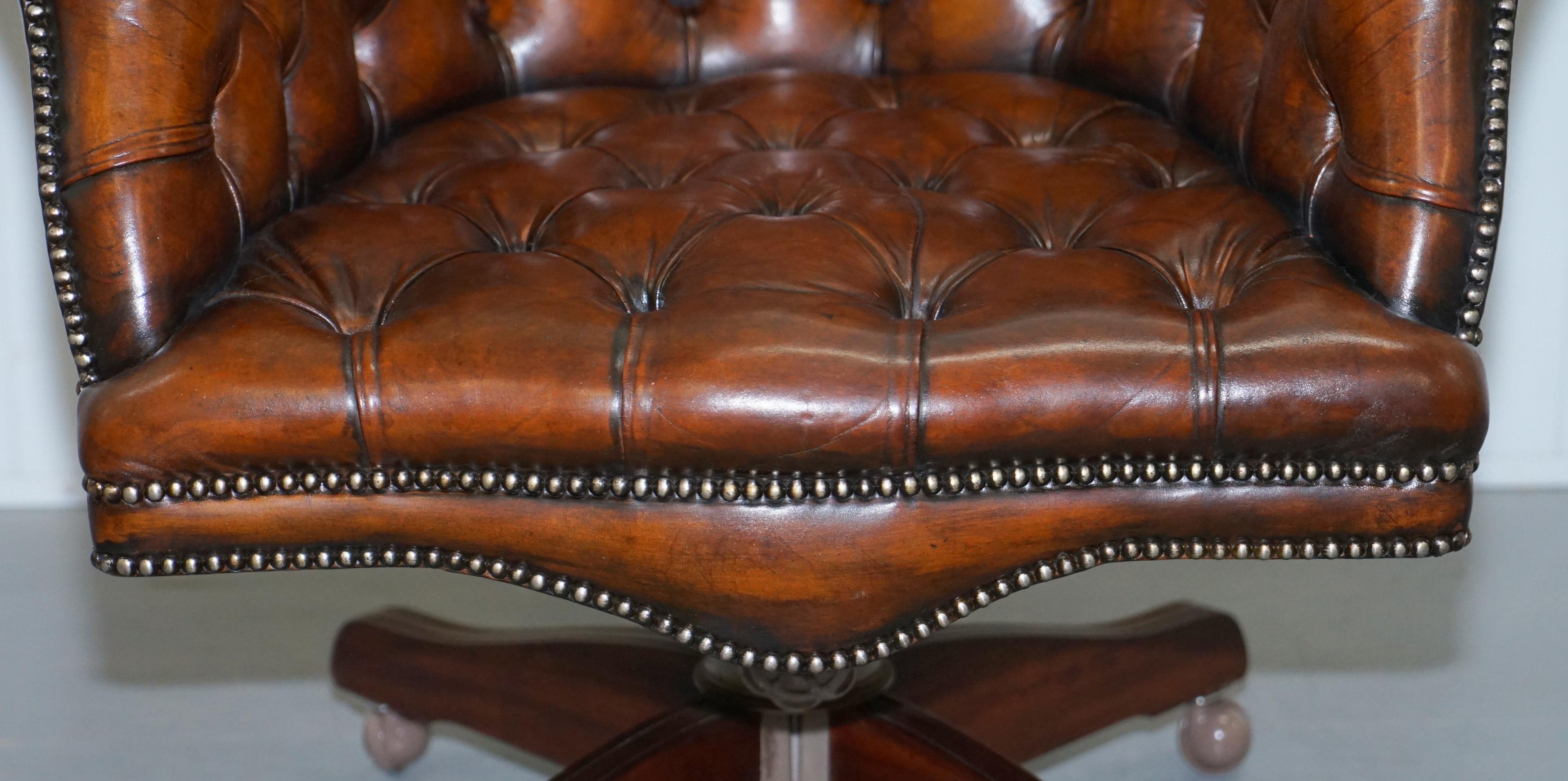 Restored 1900 Chesterfield Porters Back Brown Leather Directors Captains Chair 2