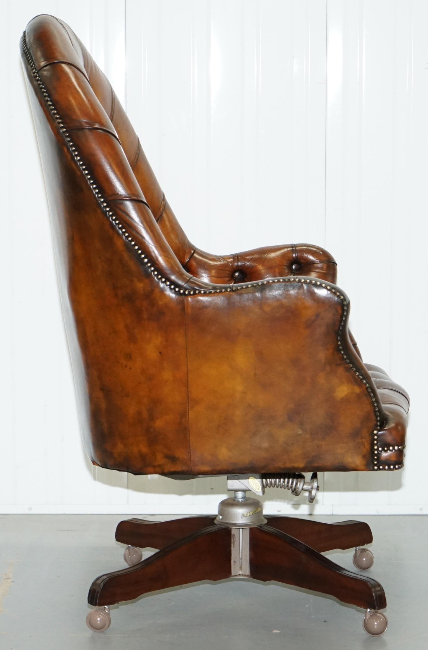 Restored 1900 Chesterfield Porters Back Brown Leather Directors Captains Chair 5